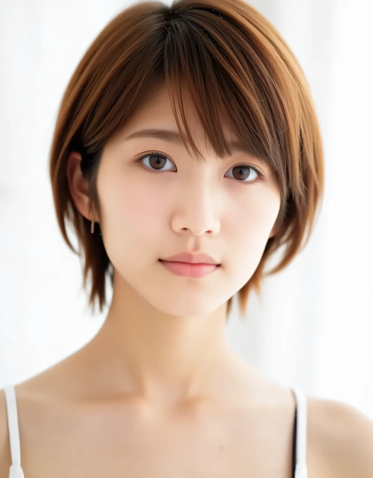 Raw photo, reality, ((staring)), ((focus on face)), ((close-up)), front view, Japanese woman, smiling in the sun, ((brown hair color, short hair, hairstyle)), tank top, beautiful collarbone, unedited, live action, authentic, cute young girl, beautifully reflective eyes, beautifully detailed lips, very delicate eyes and face, long eyelashes, smiling in the faint sun, simple white background, natural light