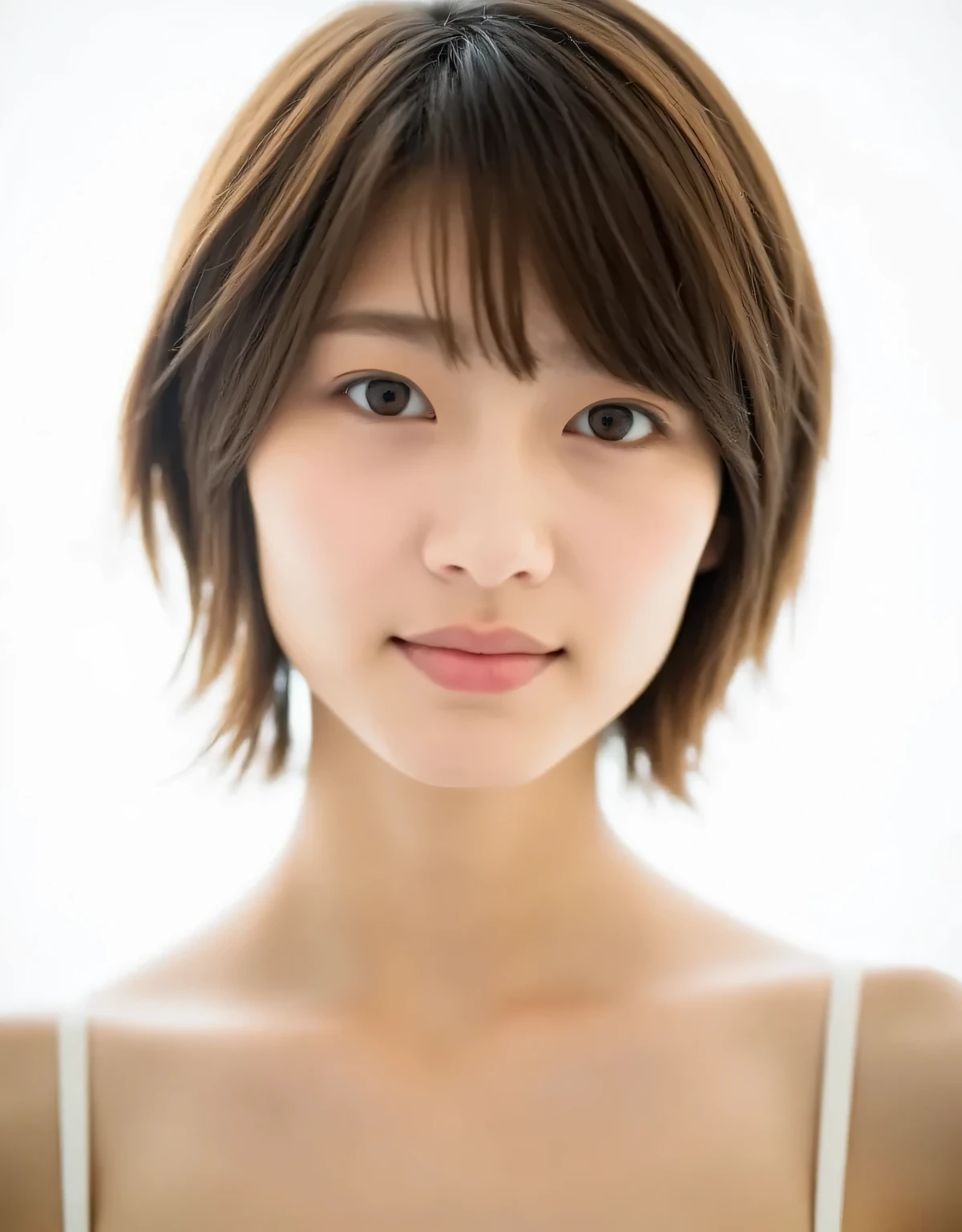 Raw photo, reality, ((staring)), ((focus on face)), ((close-up)), front view, Japanese woman, smiling in the sun, ((brown hair color, short hair, hairstyle)), tank top, beautiful collarbone, unedited, live action, authentic, cute young girl, beautifully reflective eyes, beautifully detailed lips, very delicate eyes and face, long eyelashes, smiling in the faint sun, simple white background, natural light
