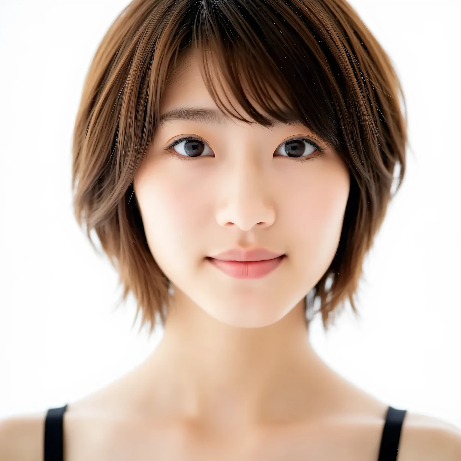 Raw photo, reality, ((staring)), ((focus on face)), ((close-up)), front view, Japanese woman, smiling in the sun, ((brown hair color, short hair, hairstyle)), tank top, beautiful collarbone, unedited, live action, authentic, cute young girl, beautifully reflective eyes, beautifully detailed lips, very delicate eyes and face, long eyelashes, smiling in the faint sun, simple white background, natural light