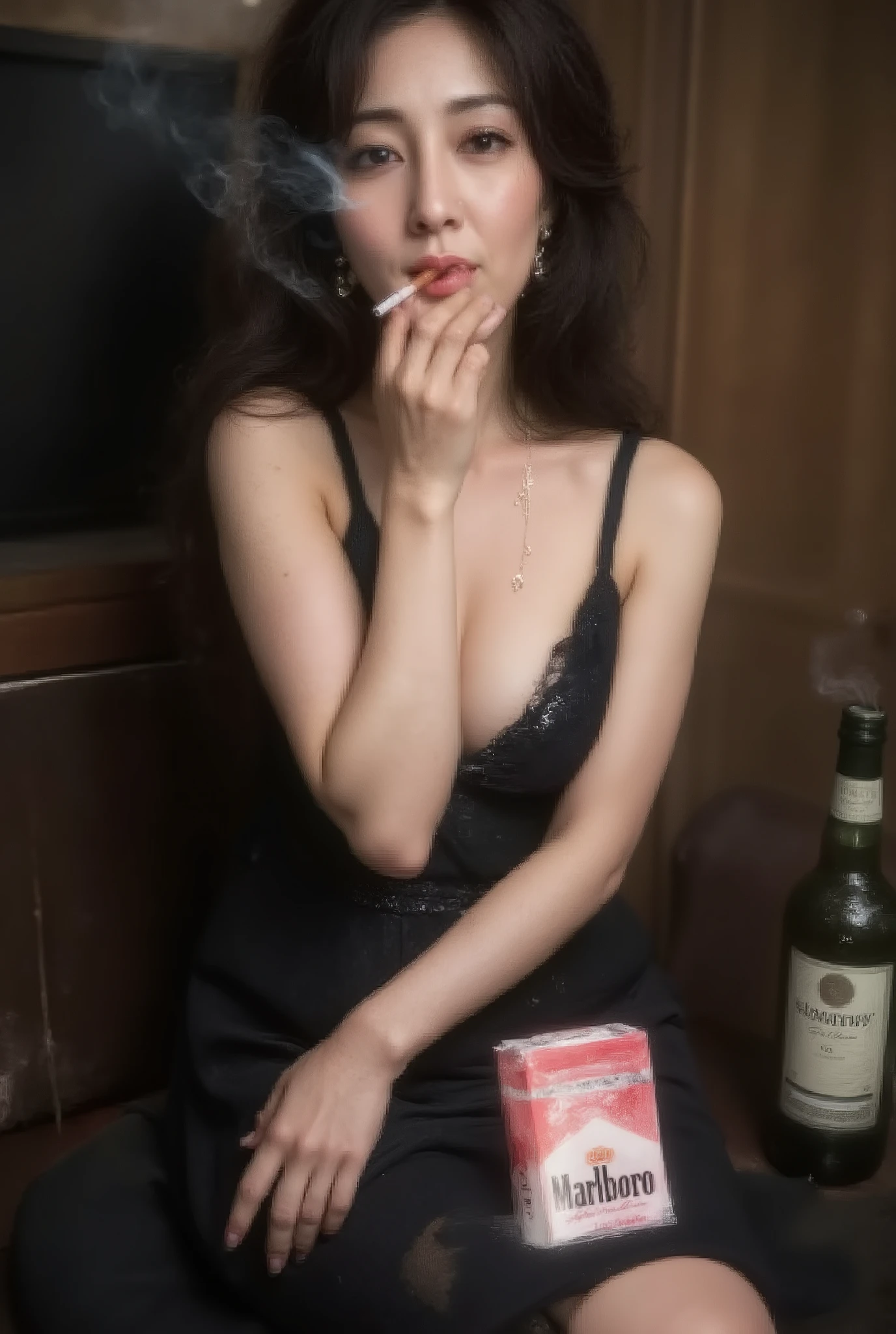 Beautiful 45 year old mature woman (smoking: 0.8), (holding a cigarette in her mouth), ((((hyper-realistic image of a green and white Marlboro Menthol box))), ((holding a Marlboro Menthol box in her hand)), ((holding a Marlboro Menthol box in her breast pocket), ((holding a green and white Marlboro Menthol box between her chest and cleavage), ((((ultra-detailed, exquisite detail, ultra-clear, ultra-high resolution, high definition, exquisite detail, exhaling smoke from her mouth and nose)))), pink Marlboro box standing, (Chanel jacket), ((ultra-detailed, exquisite detail, high detail, major detail, ultra-high quality, high resolution, exquisite, holding a brown filter cigarette with lipstick in her mouth)), ((blowing cigarette smoke into her face, secretly beginning to smoke, lighting the cigarette and beginning to smoke)), ((hostess)). ashtray butt, ((pouring fine liquor)), ((Drinking alone)), Downtown club, ((((A 660ml bottle of Suntory VSOP Frosty is on the table)))), ((A very sparkly black dress)), Alluring, Wearing a gold necklace, Slim and toned waist, Smiling at the audience: 1, 2, ((Stylish nails)), Super long brown hair, Highly detailed face and skin texture, Fine grain, Double eyelids, Sexy, ((Full body)), ((Cabaret)), ((A sparkling, unreal world)), Fingers with red nail polish, ((Slightly swollen breasts)), Looks like she's about to cry, Fresh and clean skin, Red glossy lips, Small mouth, ((Depth of drawn border 1, 2)),