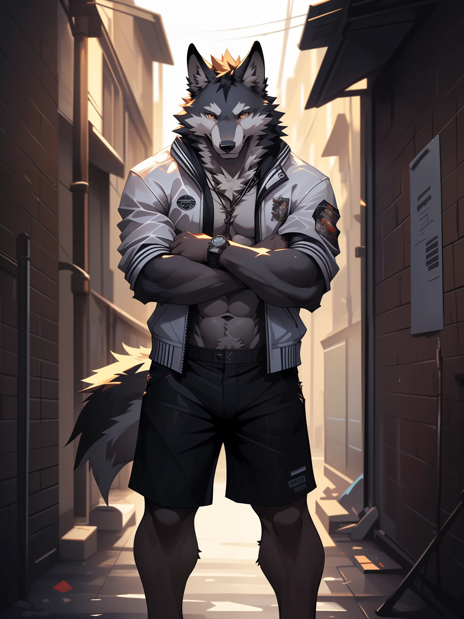 fluffy, ultra-clear, 16k, full-body portrait, full-body close-up, clear face, delicate eyes, solitary focus, subject gray, canine, big dog, wolf, male, teenager, student, high school student, sports student, young, tough guy, silver-gray hair, golden eyes, eyes as bright as the sun, tall and strong, whole body muscles, large pectoral muscles, 8-pack abs, powerful biceps, thick tail, thick arms, wide palms, wide and thick wolf claws, wide and thick animal feet, wide and thick wolf feet, Sharp animal claws, sharp wolf claws, perfect body proportions, handsome, cute, cool, youthful, indifferent, sunny looks, strong body, young face, sexy, aggressive, hormonal, half-, , , , briefs, barefoot, no shoes, cold, indifferent, poker face, standing, upright, hands in pockets, looking at the audience, , seduction