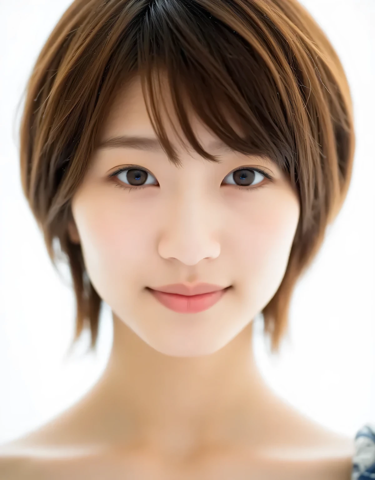 Raw photo, reality, ((staring)), ((focus on face)), ((close-up)), front view, Japanese woman, smiling in the sun, ((brown hair color, short hair, hairstyle)), off-the-shoulder, beautiful collarbone, unedited, live action, authentic, cute young girl, beautifully reflective eyes, beautifully detailed lips, very delicate eyes and face, long eyelashes, smiling in the faint sun, simple white background, natural light