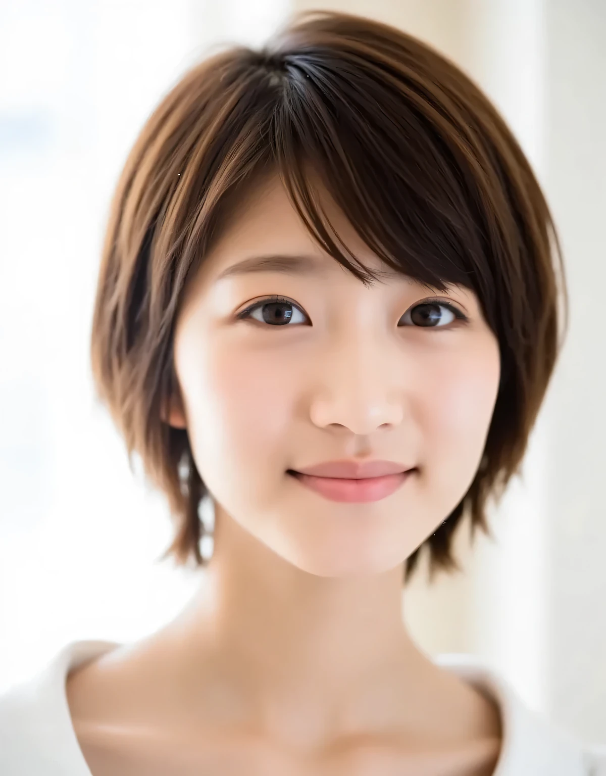 Raw photo, reality, ((staring)), ((focus on face)), ((close-up)), front view, Japanese woman, smiling in the sun, ((brown hair color, short hair, hairstyle)), off-the-shoulder, beautiful collarbone, unedited, live action, authentic, cute young girl, beautifully reflective eyes, beautifully detailed lips, very delicate eyes and face, long eyelashes, smiling in the faint sun, simple white background, natural light