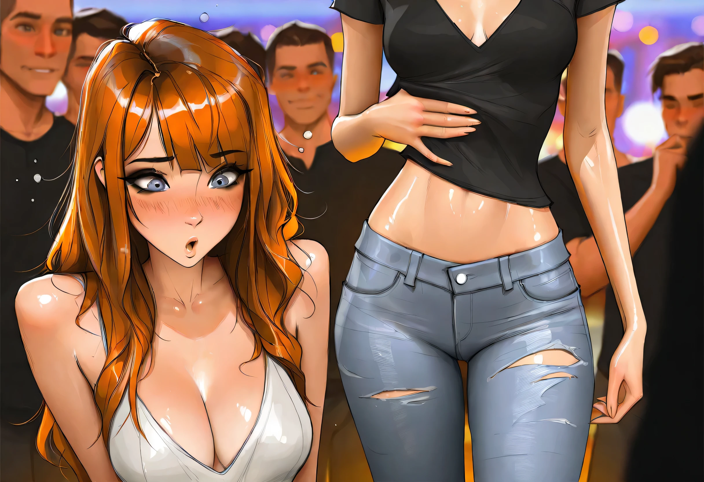 Michelle Trachtenberg, 20 year old woman,  1girl, skinny, auburn-brown hair, gray blue eyes, black eyeliner,   , torn up baggy jeans, , sam yang, shirow masamune art style, masterpiece, best quality, very aesthetic, movie quality, depth of field, soft saturation, focused subject, ,official style, shiny skin, closeup, slutty outfit, multigrope, shocked, blush, , surrounded by men, drunk, frat party, frat boys), 