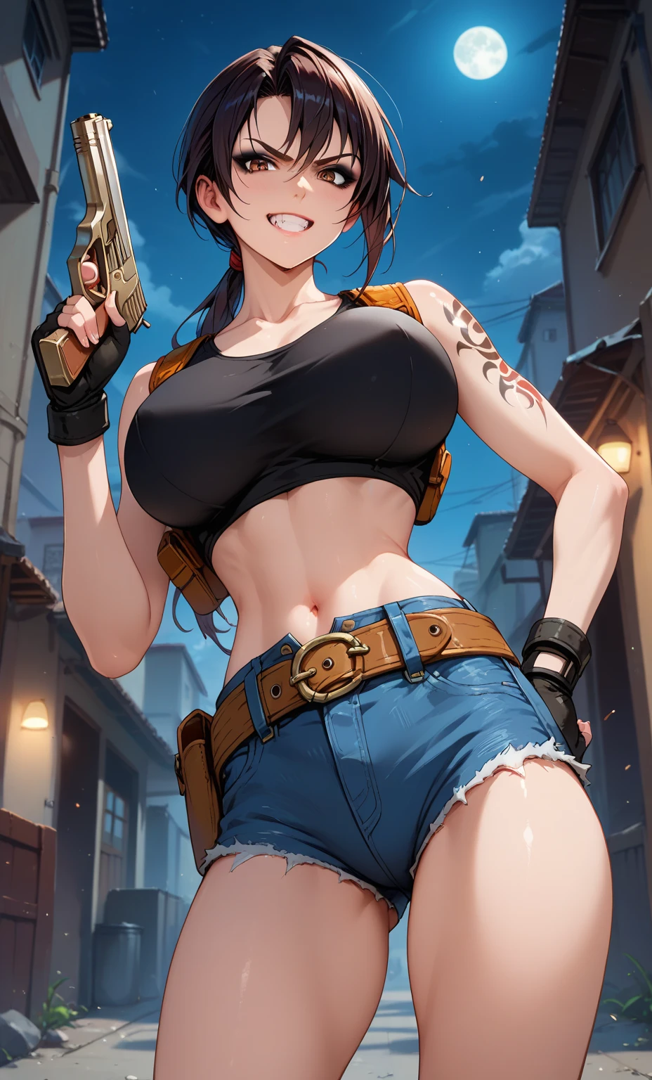 score_9, score_8_up, score_7_up, 1girl, solo, JessieFF7, brown hair, brown eyes, nose, ponytail, [blue shirt|blue bodysuit:0.3], indoors, night, bar counter, red headband, stud earrings, green shorts, baggy shorts, belt, belt pouch, sleeveless, elbow gloves, fingerless gloves, arms up, armpit, stretching, from side, bust portrait, medium breasts, looking at viewer, eye contact, notice lines, parted lips, blush, wide hips, tight clothing, thick thighs, arched back, <lora:jessieff7-ponyxl-beta3-08:1.0>