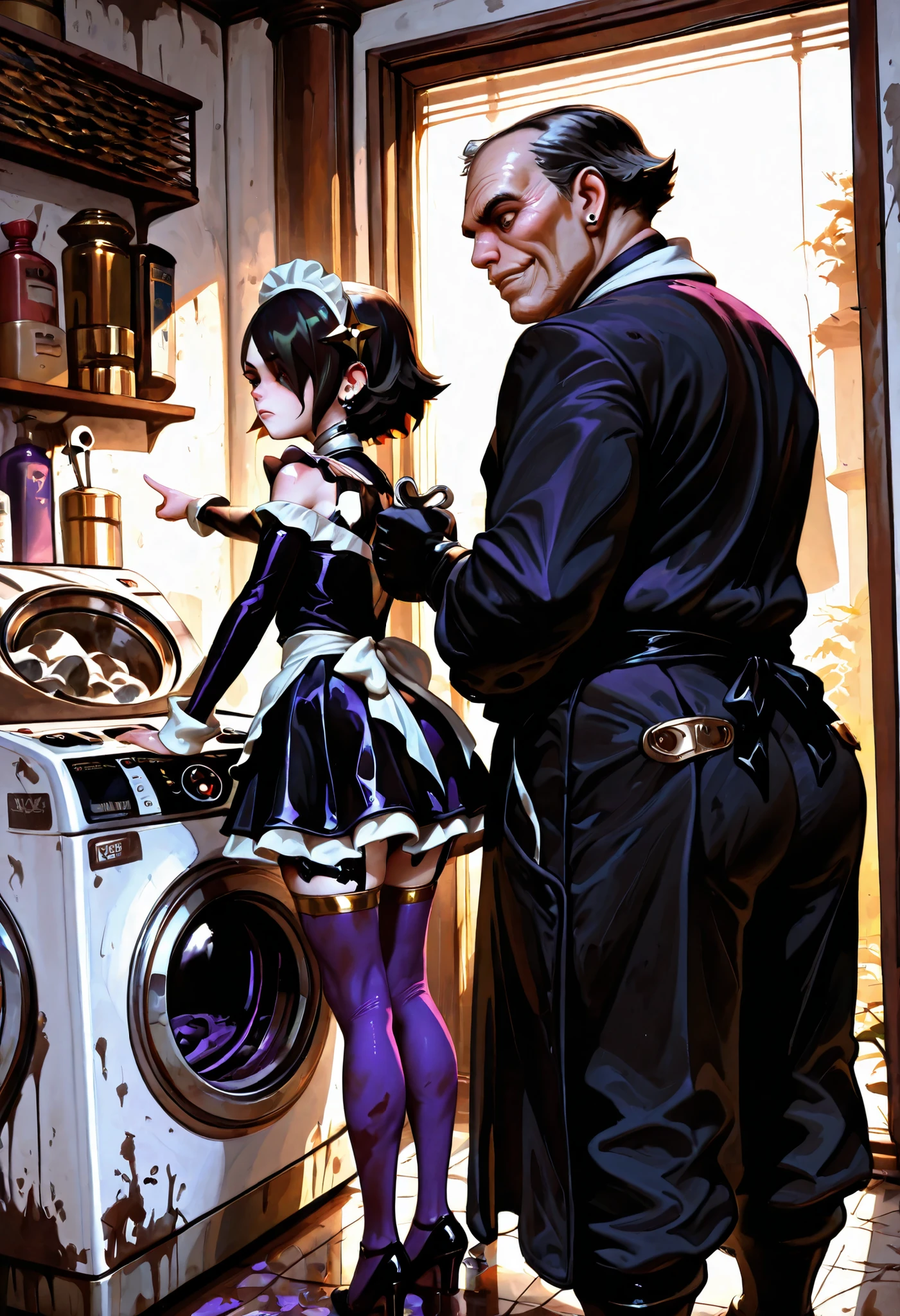 masterpiece, best quality, amazing quality, very awa, absurdres, newest, very aesthetic, (1girl, 1boy, dirty apartment, old man gives wrench to girl, man holds money, man pointing at washing machine), washing machine, (light skinned girl), (hair over eye), brown eye, black hair, purple gems, piercings, slender body, flat chest, tiny shoulders, wide hips, large ass, moody, double eyelids, heavy eyeshadow), ((stockings, garterbelt, garterstraps)), maid dress, ruffled headdress, black clothes, gold trim, gold colors, purple colors, complimentary colors, high contrast, shuriken hair ornament, ugly man, fat man, ((size difference, age difference, couple with huge physical differences)), man with sinister smile, frowning girl, ((FKEY)), Tarakanovich, (lokmanlam)