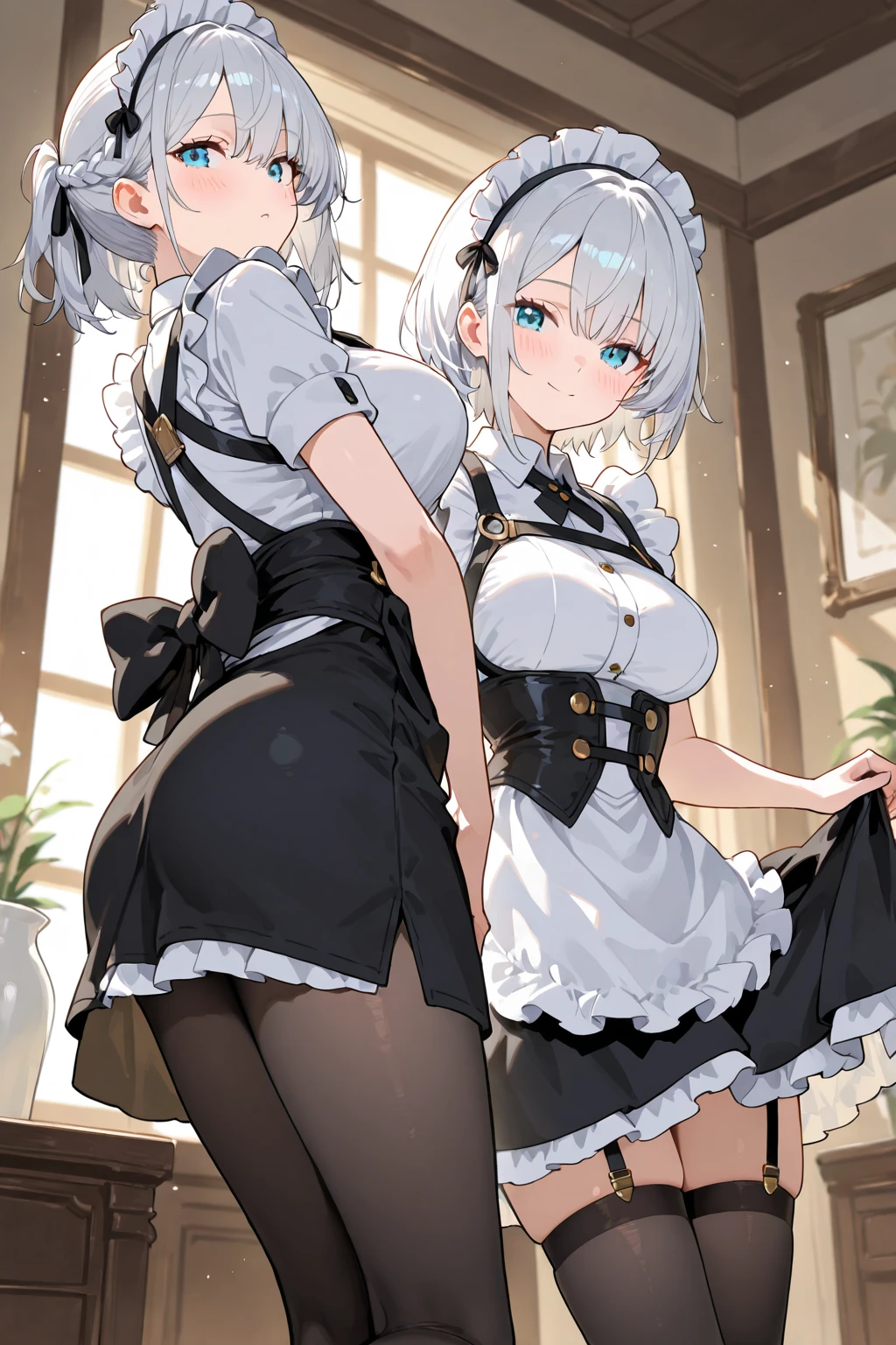 highest quality、masterpiece、((2 girls))、((smile))、(blush:1.3)、Black Shirt、blouse、((fun!!))、(Small breasts)、(single braid)、(Blonde)、()、((White apron:1.5))、((Maid))、((hair ornaments)),、Kamimei、look at me、 ((in house:1.5))、 Taking a break from watching the audience、Cowboy Shot、(skirt lift:1.3),(Highly detailed white panties:1.3)、(Highly detailed panties:1.3)、、(スカート that rolls up:1.3)、(Panties fully exposed:1.5)、Light blue eyes、