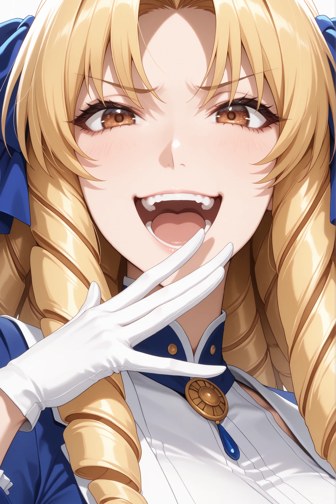 ,luviagelita edelfelt, long hair, brown eyes, hair bow, blonde hair, drill hair, large breasts,,gloves, dress,frills, white gloves, blue dress,
ojou-sama pose, laughing, smug, hand to own mouth, open mouth,
close up, close up to face,
solo, general, masterpiece, highres, ultra-detailed, hyper-detailed, best quality, amazing quality, very aesthetic, best hands, best eyes, best hand,
adult woman, 1woman,