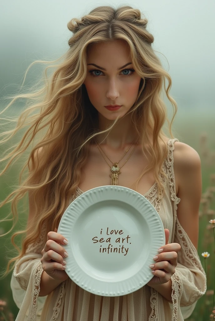 Beautiful girl with long, wavy hair, bohemian dress, holding a white plate with the text "I Love Seaart Infinity" and showing it to the viewer