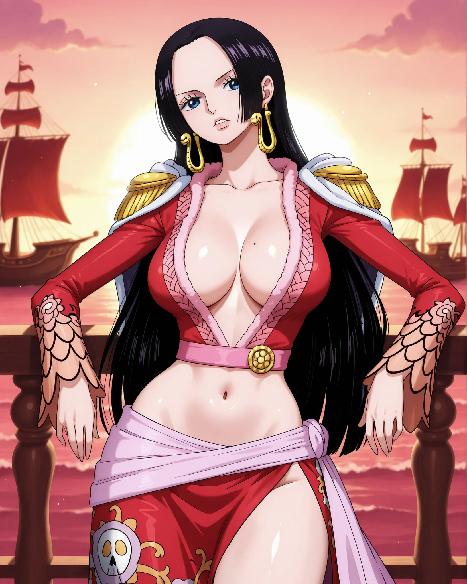 Boa hancock from the anime one peice, wearing a red 2 piece beach wear outfit, on a pirate ship, leaning on the ships guard rail, slim thick body type, busty.
