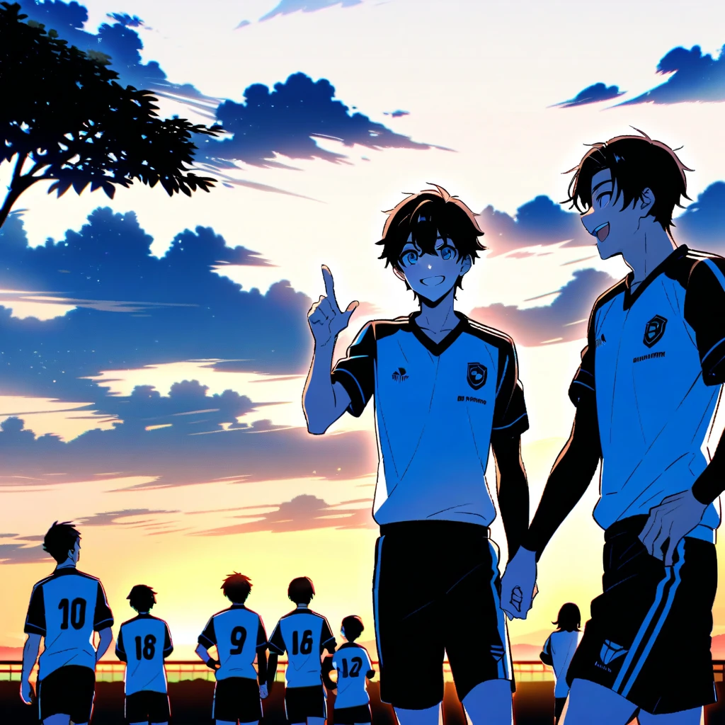 2 boys,dark green hair,highest quality,masterpiece,excessive,male focus,yellow eyes,beautiful eyes,beautiful boy,School,between men,Spouse,soccer club members,Blue soccer uniform,soccer,high school,soccer uniform,blue clothes,soccer court,teammate,same clothes,shoulder to shoulder,feminine,good friend,best image quality,