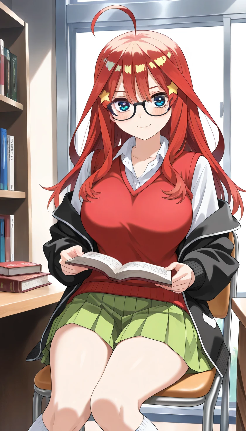{{{masterpiece}}}, (best quality:1.5), (ultra-detailed:1.5), {illustration}, {{an extremely delicate and beautiful}}, (beautiful detailed eyes:1.6), absurdres, highres, extremely detailed face, 16k, hd, visual anime de uma jovem mulher, extremamente bonito rosto de anime, anime melhor garota, (perfect hands, perfect anatomy), (five fingers:1.1), anime face, itsuki nakano(Gotoubun no Hanayome), 1girl, solo, cute face, long hair, (red hair:1.3), bangs, hair between eyes, ahoge, star \(symbol\), hair ornament, star hair ornament, sidelocks, black pupils, blue eyes, flushed cheeks, glasses, large breasts, big hips, curvaceous, BREAK, {school uniform}, (black jacket:1.3), long sleeves, black sleeves, (open jacket:1.2), sleeveless sweater, (baggy sweater:1.2), (red sweater vest:1.5), collarbone, collared shirt, pleated skirt, mini skirt, (green skirt:1.2), kneehighs, white socks, BREAK, cute face, smiling, looking at viewer, sitting chair, books on the desk, reading book, indoor, daytime, library, upper body