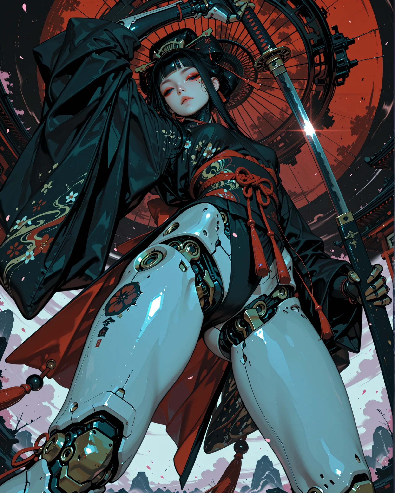 ((low angle))Geisha robot, dynamic pose, holding a katana