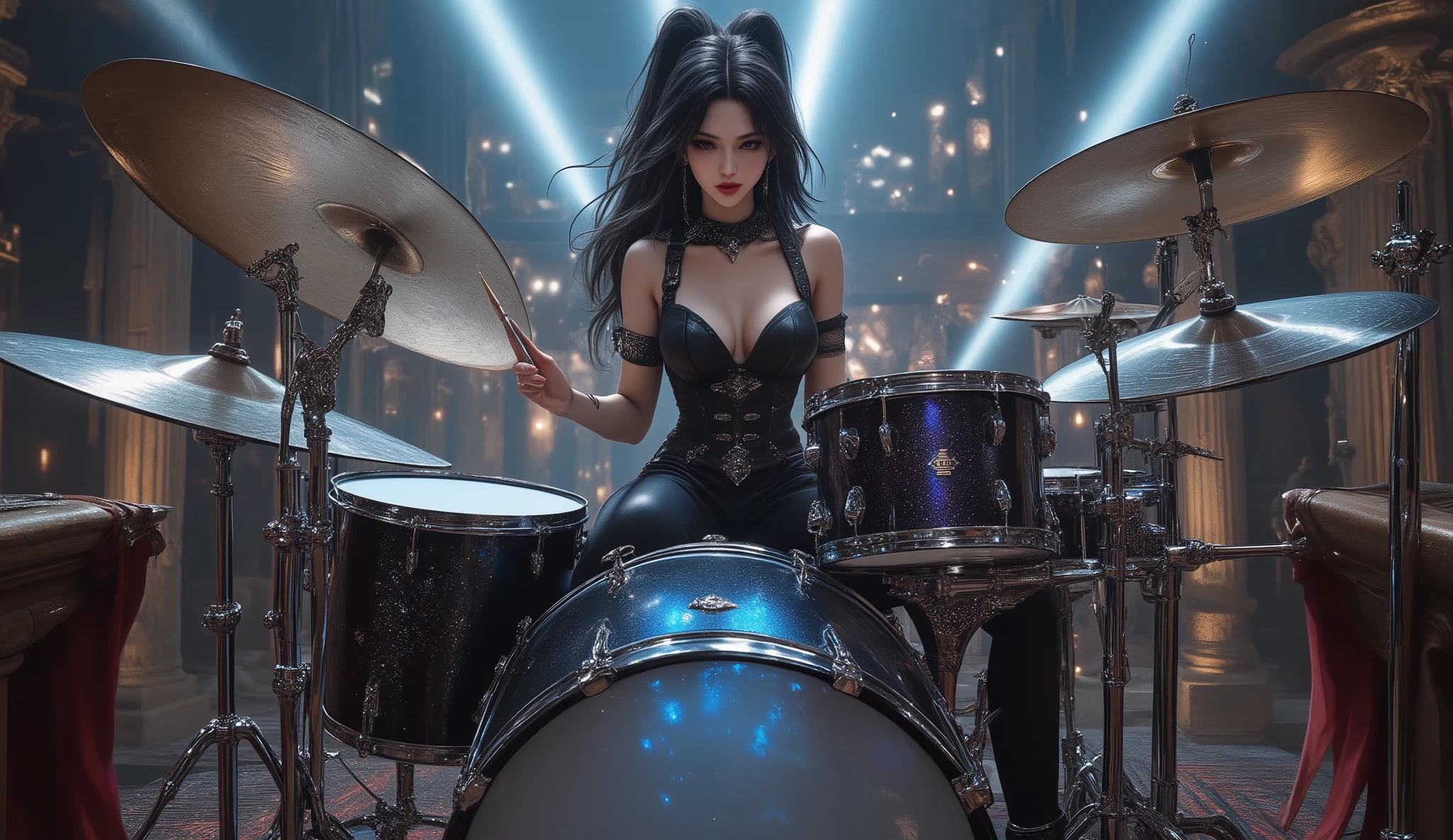 ultra detailed, absolutely resolution, masterpiece, a very beautiful female heavy metal drummer, (drum set, with two bass drums, one snare drum, ten toms, a floor tom, and twenty iridescent, plated cymbals of various sizes), wearing their own gothic stage costumes in black and personal colors with a unique fashion sense, playing drum solo, outstanding technique, performing intensely, with ancient Greek and Roman amphitheaters in the background, countless spotlights, highly detailed, sharp focus, vibrant colors, soft lighting, cinematic composition