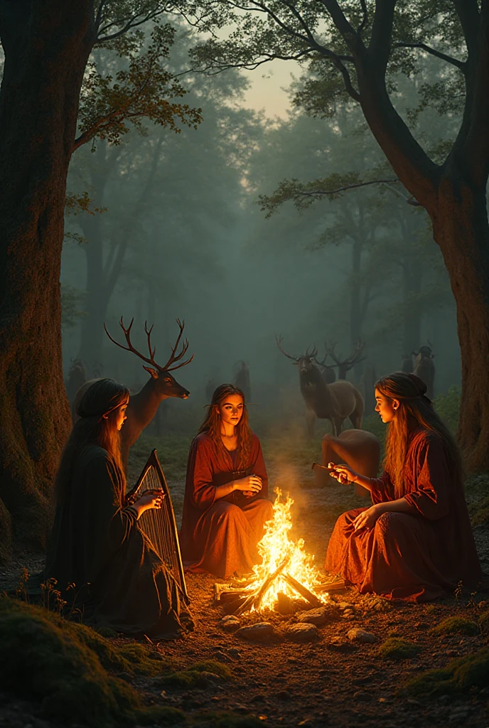 arafed group of people sitting in a circle in the woods, ritual in a forest, summoning circle, circle of the crone, forest ritual, in a circle, political meeting in the woods, people facing fire circle, home wicca scene, fairy circle, tarot card enviroment, dnd in a dark forest, mystical setting