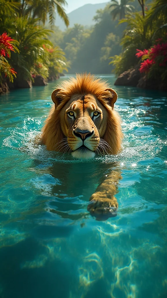 COVER FOR A MUSIC ALBUM TITLE SUBMERGED A LION IMMERSED IN WATER