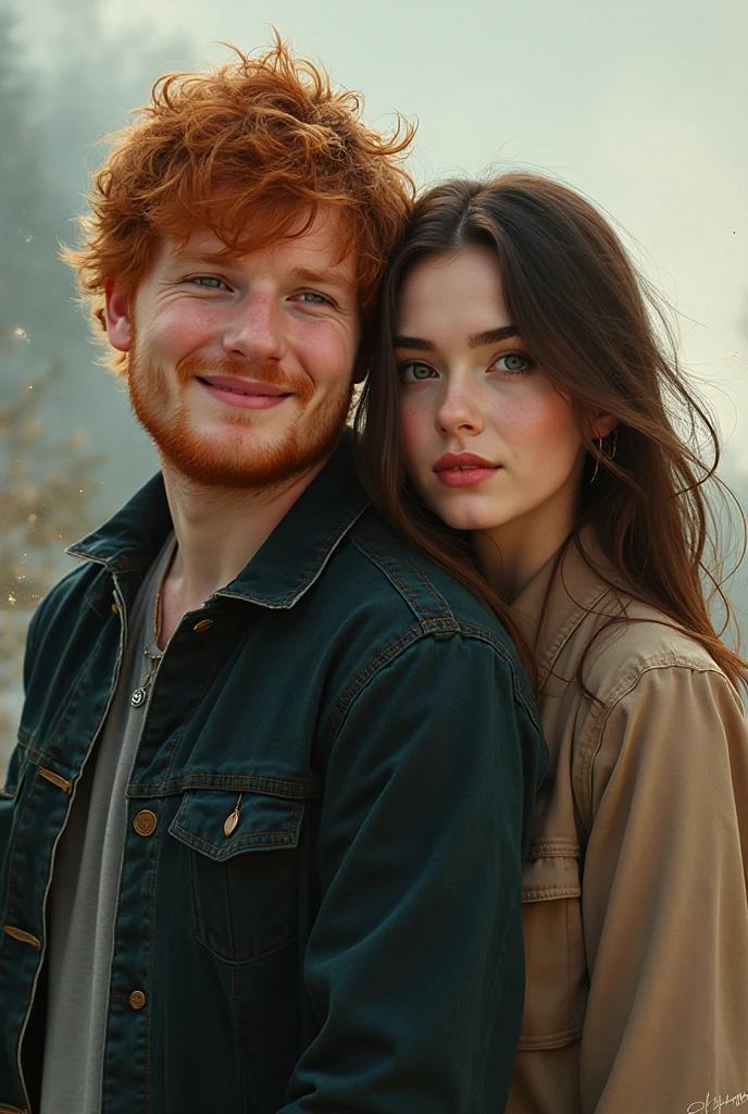 a girl with orange hair brown eyes, a boy with curly, black hair and blue eyes. Sitting in a cafe, beautiful detailed eyes, beautiful detailed lips, extremely detailed eyes and face, long eyelashes, young couple, casual clothes, warm lighting, cozy atmosphere, comfortable interior, coffee cups, table with books and magazines, window with cityscape view, (best quality,4k,8k,highres,masterpiece:1.2),ultra-detailed,(realistic,photorealistic,photo-realistic:1.37),vibrant colors, cinematic lighting, soft focus, digital painting, concept art style