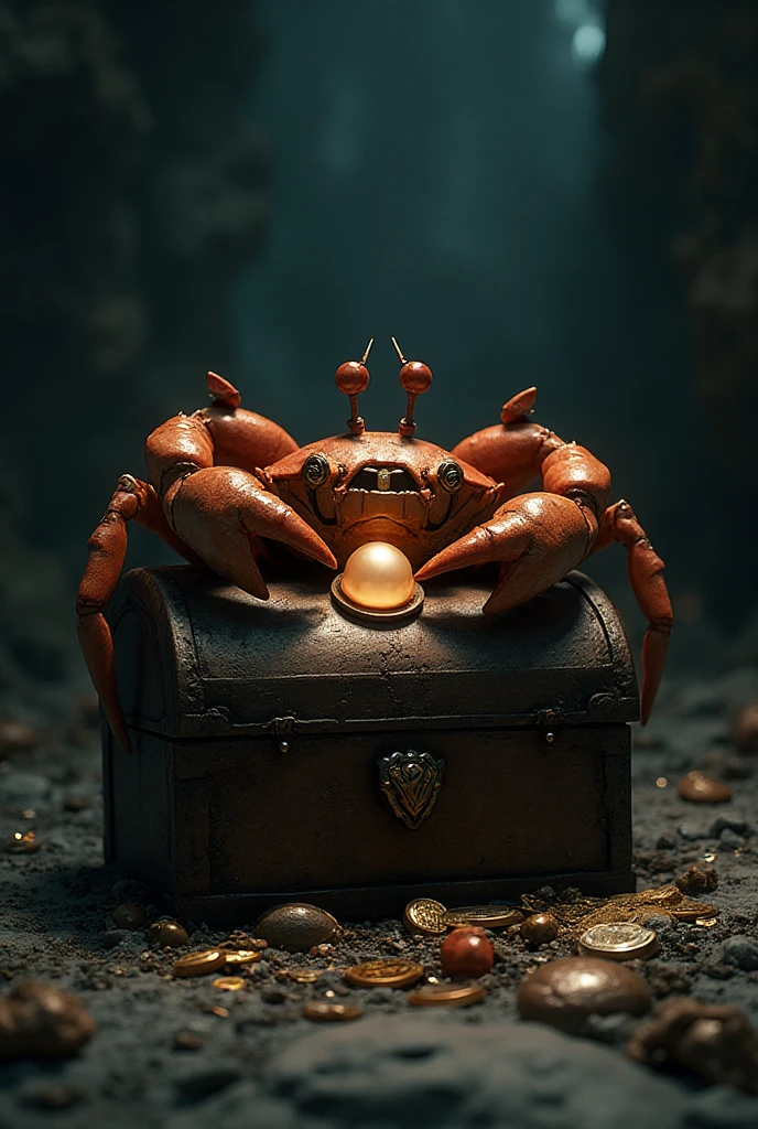 A highly detailed and realistic scorpion mimic treasure chest, covered in blood, returning to its favorite resting spot, intricate details, hyper-realistic, 8k, photorealistic, chiaroscuro lighting, dark moody colors, dramatic shadows, horror, fantasy, digital art