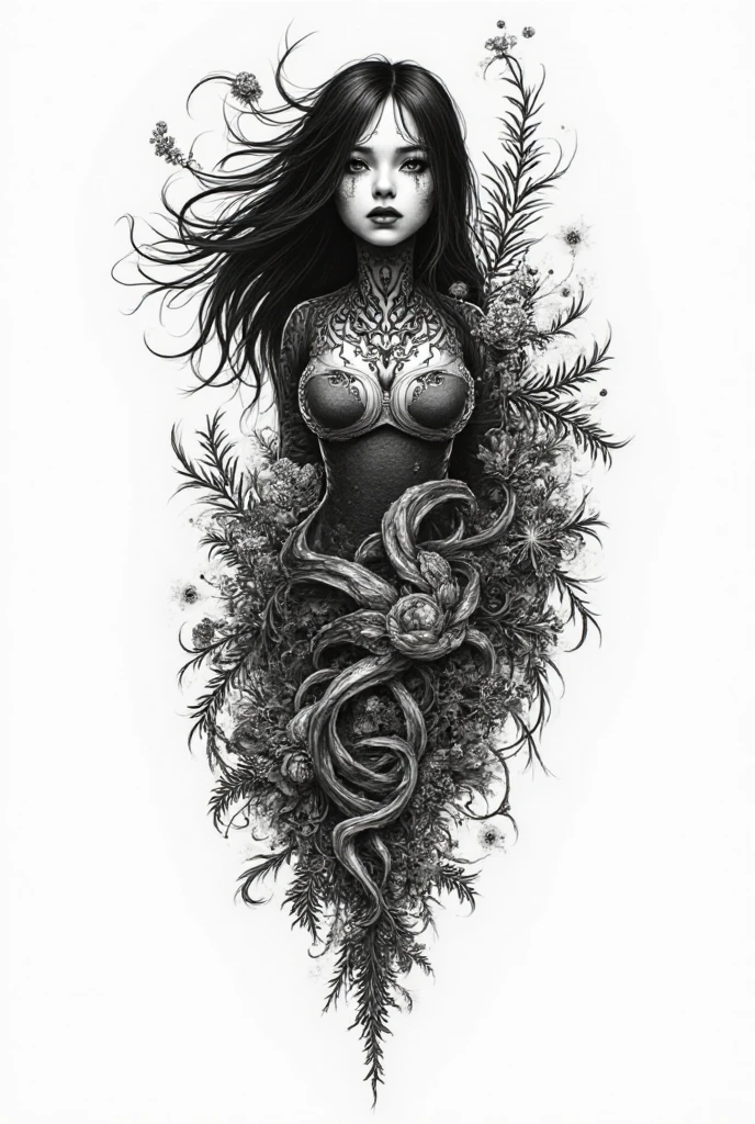 Medusa, comic panel, candid,((art style "Sean Gordon Murphy" comic drawing, splash panel)), snake skin dress, (background, pine barrens, entropy, rewilding, magic hour nautical twilight), body drawn in Frederic Delavier musculature anatomical illustration art style, (face, ornate black metal ?????? paint, resembles Grace Jones), silhouette, full body portrait, (body, Naga, snakefolk, lower body snake tail, snake woman hybrid, bald, hairless, skeleton, snake skin tattoos, piercing eyes, snake pupils), craftsmanship nuance, full body portrait, (colors, forest green to earth brown, merge bleak muted deep fiery radiant glowing CMYK hues, (horror, abstract, surreal, body, cosmic), (art style Gerardo Zaffino charcoal), double exposure, optical illusion, nyctophobia, subliminal orchids, unfinished,