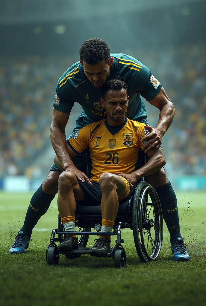 There is a man lying on a stretcher with his hands crossed over his face, a man in a t-shirt and sports shorts has crossed his hands over his face, the man has an agonised face under his hands, two longhaired and ponytailed women that are wearing very shiny coats, there are longhaired women wearing laquered puffy coats, longhaired women are walking in wetlook puffy coats, several women walking around a football field with an injured athlete on a stretcher, the injured athlete on the stretcher covers his face with both hands, the women look very worried, behind the women there is a frightening atmosphere, there is heavy rainfall in the background, video still