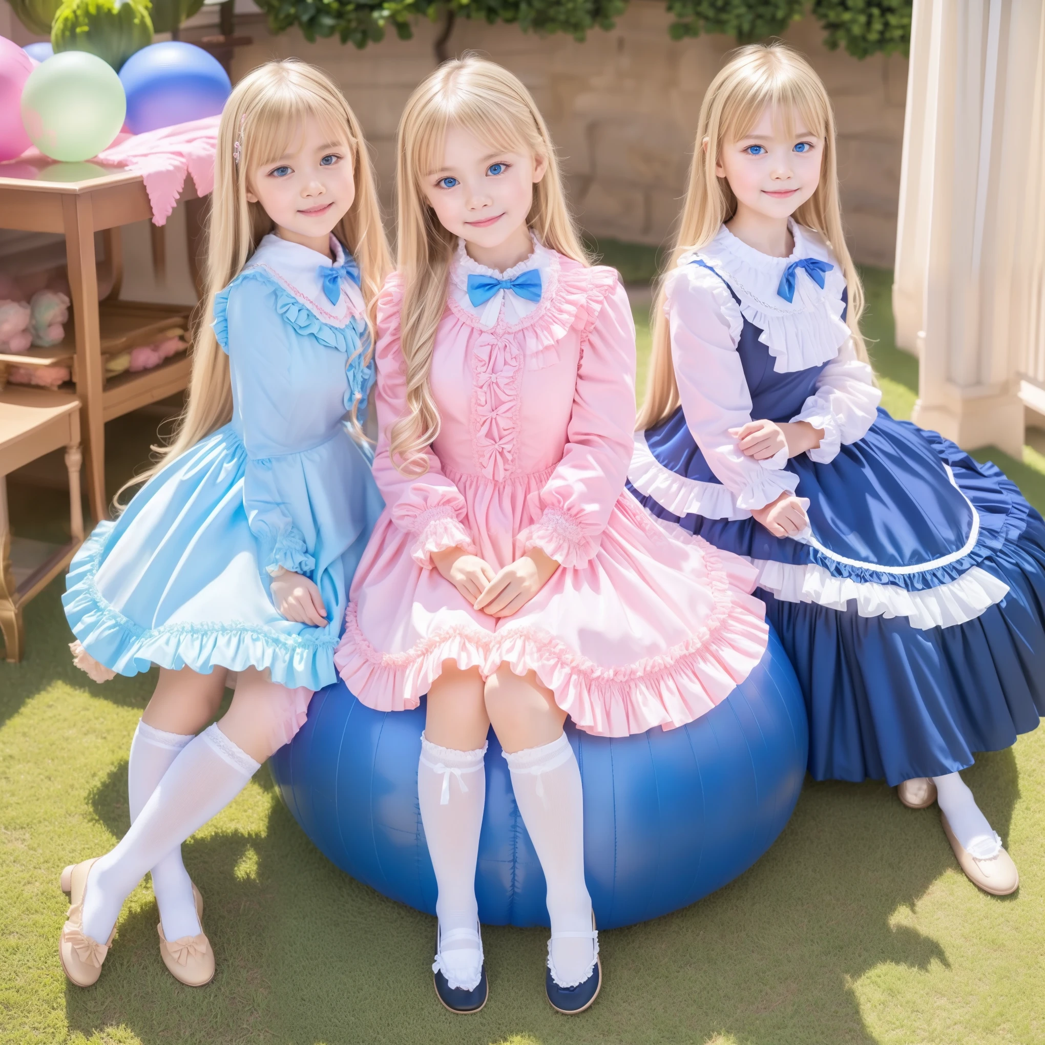 (( Distant view,full body,standing:1.2)),Highest Quality, masterpiece, highest resolution, art work, super それにget used to it, many get used to it, get used to it, それにget used to it, 3k photos,,3 noble ladies sitting across the indoor yoga ball,. ((10 year old European girl,Blonde Long Hair,blue eyes:1.3)),get used to an ultra-fine young face,lovely smile,baby-like face,ultra high res,  complicated details,  Back hair tied with a ribbon,smile,pastel colored dress cutely adorned with ruffles and ribbons, （round large ruffle collar,bow tie,long sleeve,  ruffle sleeve  ,white ruffle blouse,Ruffle placket, ruffles are cute  ,Frilled Skirt,Very Elaborate Costume:1.3),(medium skirt,short balloon skirt)),long black socks with ruffles,black loafers,small breasts,,sitting across the indoor yoga ball, outdoor,detailed background,