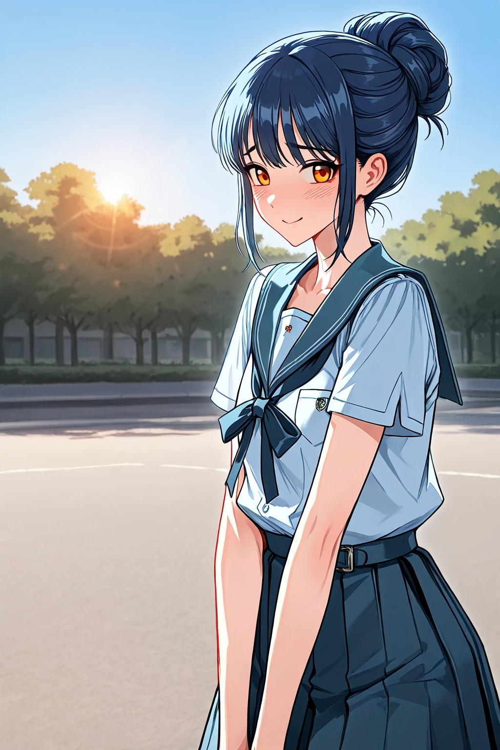 masterpiece、highest quality、High resolution、Anime Male、solo、Short Hair、Black Hair、Blue Eyes、Hair Clip、Hair between both eyes、Grey sweater、Black sailor collar、Yellow neckerchief、Black Skirt、Are standing、looking at viewer、Cowboy Shot, Outdoor、smile、