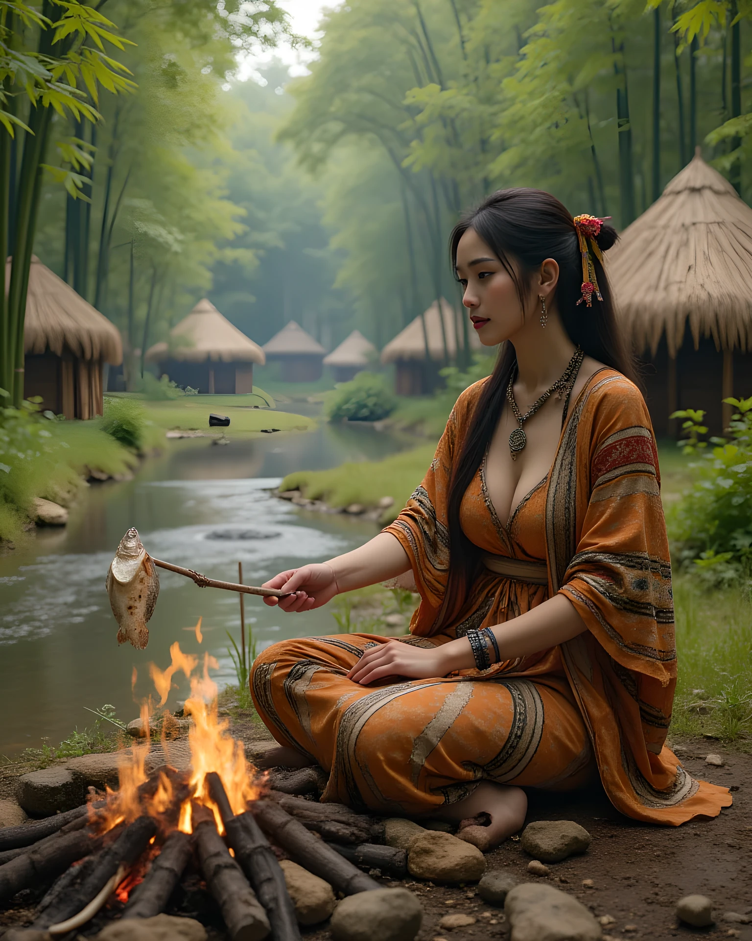 Hunter-gathered age era, (Stone primitive age era:1.6), ((Realistic cinematography ultra-wide depth intense details of realistically precise scenery of deep and dense bamboo forest)),orderly bamboo primitive huts on the background,a detailed of Japanese female fisher,sitting,holding a stick grilled fish on bon fire,cooking,(small river),(),((vivacious)),wearing fully,long primitives tribal long kimono straw woven fabric dress,,,(perfectly depth symmetrically precise curvy busty full body form),(cinematic dynamically camera widely angle scenery:accurately depicted:1.3),the lively prehistoric cradle of history depicting scenery,midday,realistically full depth,(cinematography dynamic angle|hyperrealistic:realistic scenery:3d texture over the scenery),best videography angle,hdr,greeny vibes, (cinematography vibe),primitive fabric wardrobe,(dynamic image composition),(octane 3d rendering|50mm lens shot:1.3),(precise lifelike skin texture:lifelike hairs:realism),(best rule of third photography composition),(best image aperture),(full details depth of field),(best shutter speed),(RAW photo image),(photorealistic|photorealism:hyperrealism style),(realistic depth 3d:cgi:1.3),(trending on cgsociety:devianart:unreal engine 5),,(best photography:national Geographic style), stonePunkAi and bronzePunkAi artwork, digital art,best lighting concept,(realistic intricately fixed truly fully human's anatomy body+hands+and+fingers anatomical),natural motion,inspired by farcry5 game artwork.