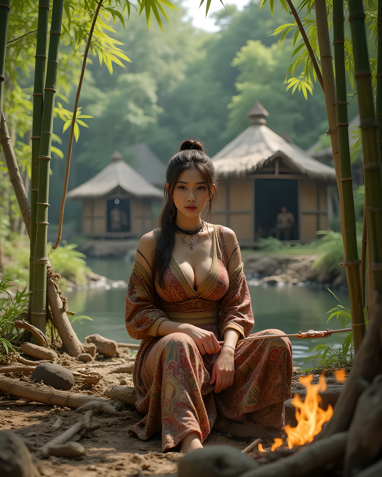 Hunter-gathered age era, (Stone primitive age era:1.6), ((Realistic cinematography ultra-wide depth intense details of realistically precise scenery of deep and dense bamboo forest)),orderly bamboo primitive huts on the background,a detailed of Japanese female fisher,sitting,holding a stick grilled fish on bon fire,cooking,(small river),(),((vivacious)),wearing fully,long primitives tribal long kimono straw woven fabric dress,,,(perfectly depth symmetrically precise curvy busty full body form),(cinematic dynamically camera widely angle scenery:accurately depicted:1.3),the lively prehistoric cradle of history depicting scenery,midday,realistically full depth,(cinematography dynamic angle|hyperrealistic:realistic scenery:3d texture over the scenery),best videography angle,hdr,greeny vibes, (cinematography vibe),primitive fabric wardrobe,(dynamic image composition),(octane 3d rendering|50mm lens shot:1.3),(precise lifelike skin texture:lifelike hairs:realism),(best rule of third photography composition),(best image aperture),(full details depth of field),(best shutter speed),(RAW photo image),(photorealistic|photorealism:hyperrealism style),(realistic depth 3d:cgi:1.3),(trending on cgsociety:devianart:unreal engine 5),,(best photography:national Geographic style), stonePunkAi and bronzePunkAi artwork, digital art,best lighting concept,(realistic intricately fixed truly fully human's anatomy body+hands+and+fingers anatomical),natural motion,inspired by farcry5 game artwork.