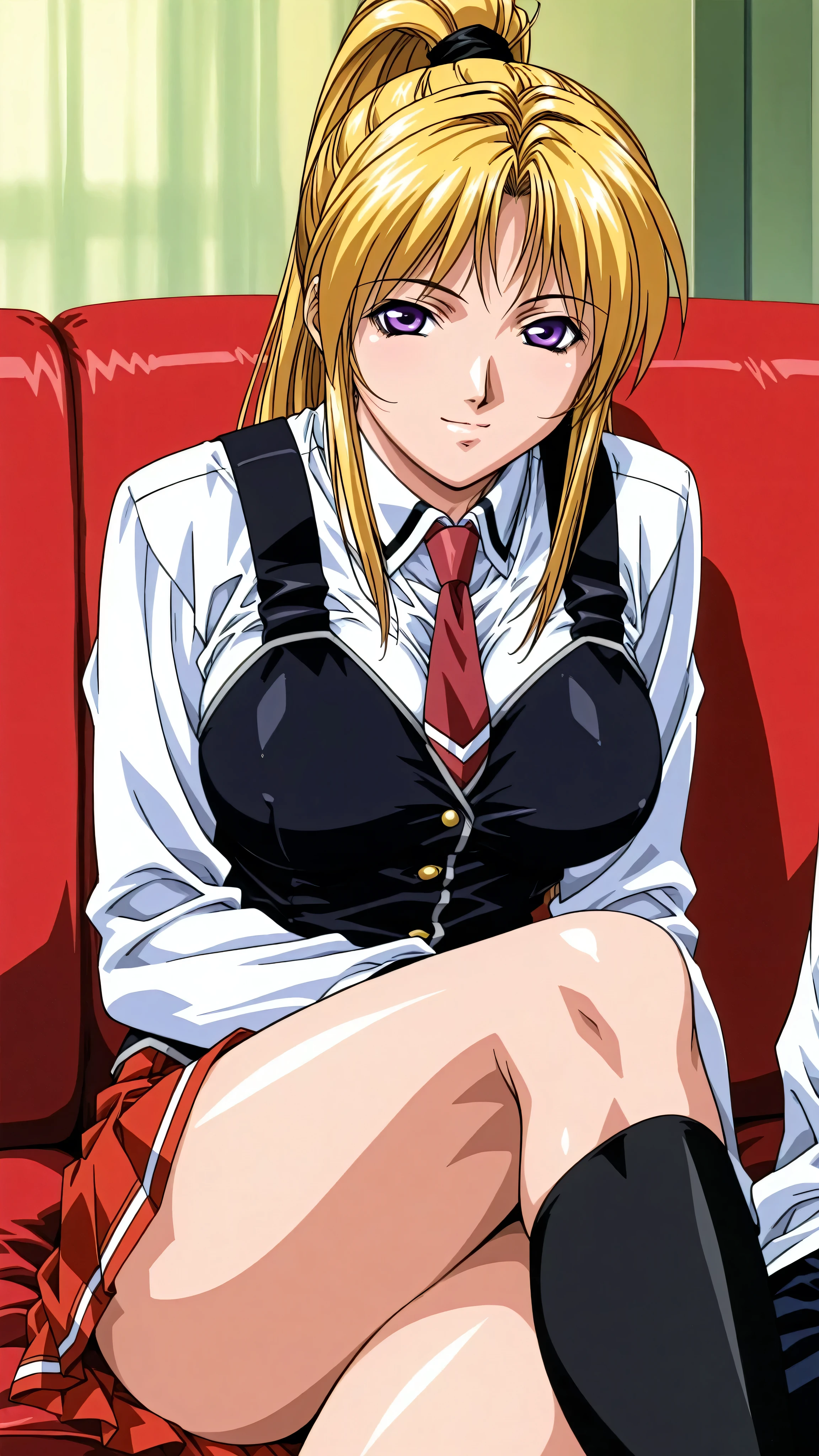 retro_artstyle,score_9, score_8_up, score_7_up, score_6_up, score_5_up, score_4_up, (masterpiece:1.3), best quality,source_anime,clip skip:2,light smile,(28 years old:1.4),(mature female:1.3),成熟した大人の女性, (vivid color:1.3),slender face,high school students,alone,saeki,1girl,blonde hair,ponytail,purple eyes, school uniform, white shirt, strap ,vest, red tie,long_ sleeve, red skirt ,black thigh-length socks, cowboy shot,sofa,on_ stomach,tsurime,,large breasts,