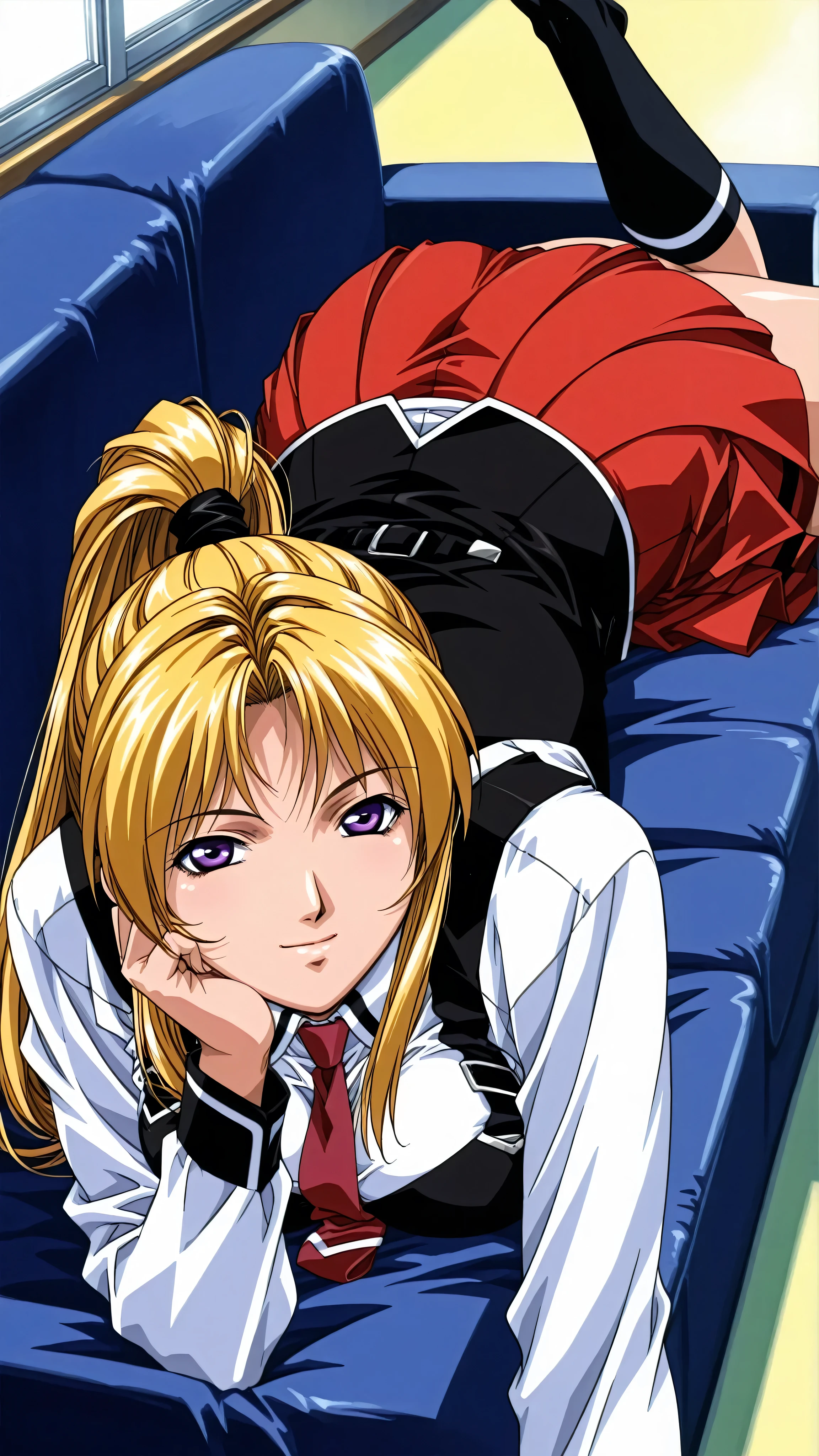 retro_artstyle,score_9, score_8_up, score_7_up, score_6_up, score_5_up, score_4_up, (masterpiece:1.3), best quality,source_anime,clip skip:2,light smile,(28 years old:1.4),(mature female:1.3),成熟した大人の女性, (vivid color:1.3),slender face,high school students,alone,saeki,1girl,blonde hair,ponytail,purple eyes, school uniform, white shirt, strap ,vest, red tie,long_ sleeve, red skirt ,black thigh-length socks, cowboy shot,white line socks,sofa,on_ stomach,tsurime,,large breasts,