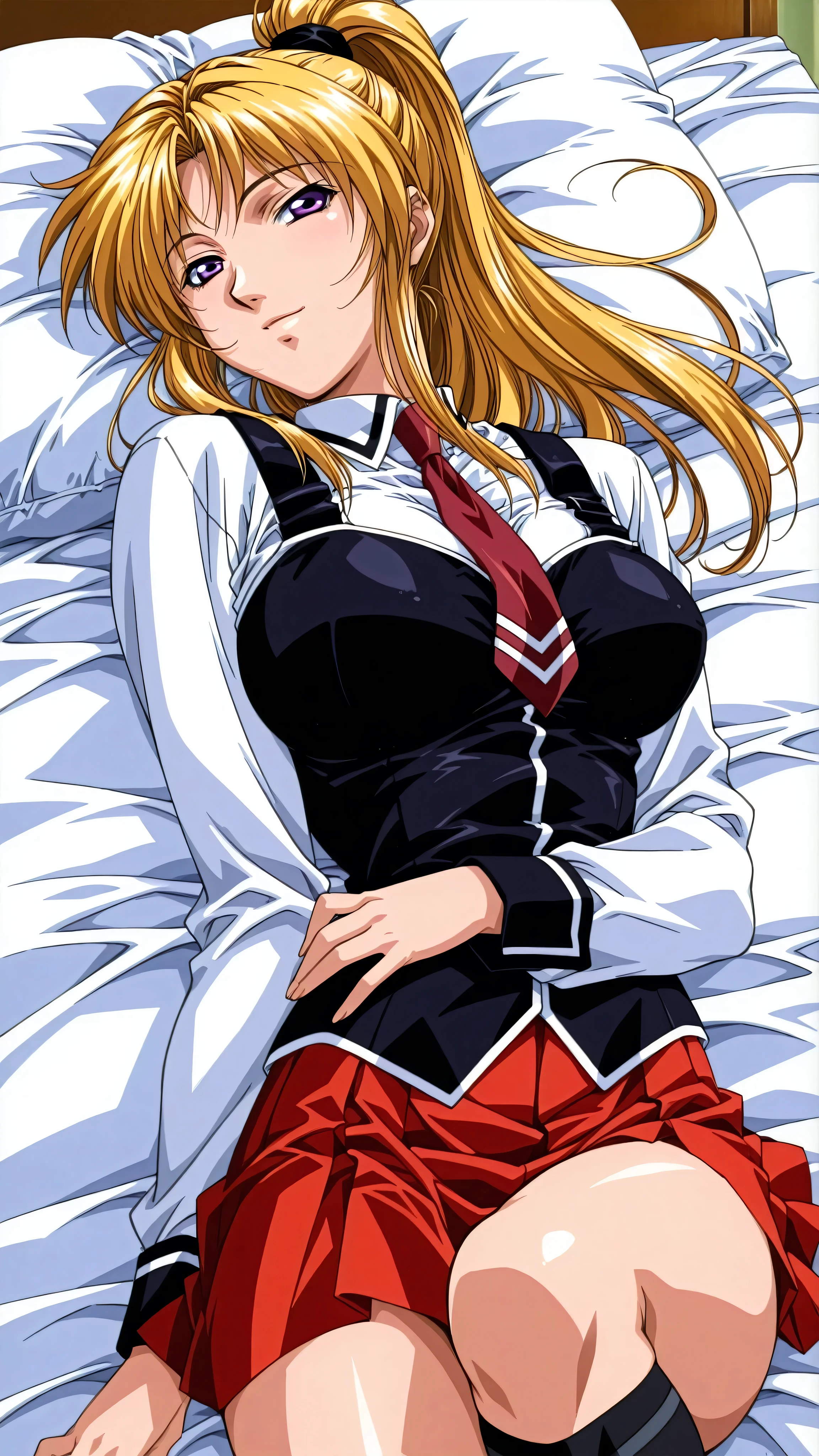 retro_artstyle,score_9, score_8_up, score_7_up, score_6_up, score_5_up, score_4_up, (masterpiece:1.3), best quality,source_anime,clip skip:2,light smile,(28 years old:1.4),(mature female:1.3),成熟した大人の女性, (vivid color:1.3),slender face,high school students,alone,saeki,1girl,blonde hair,ponytail,purple eyes, school uniform, white shirt, strap ,vest, red tie,long_ sleeve, red skirt ,black thigh-length socks, cowboy shot,bed,on_ stomach,tsurime,,large breasts,