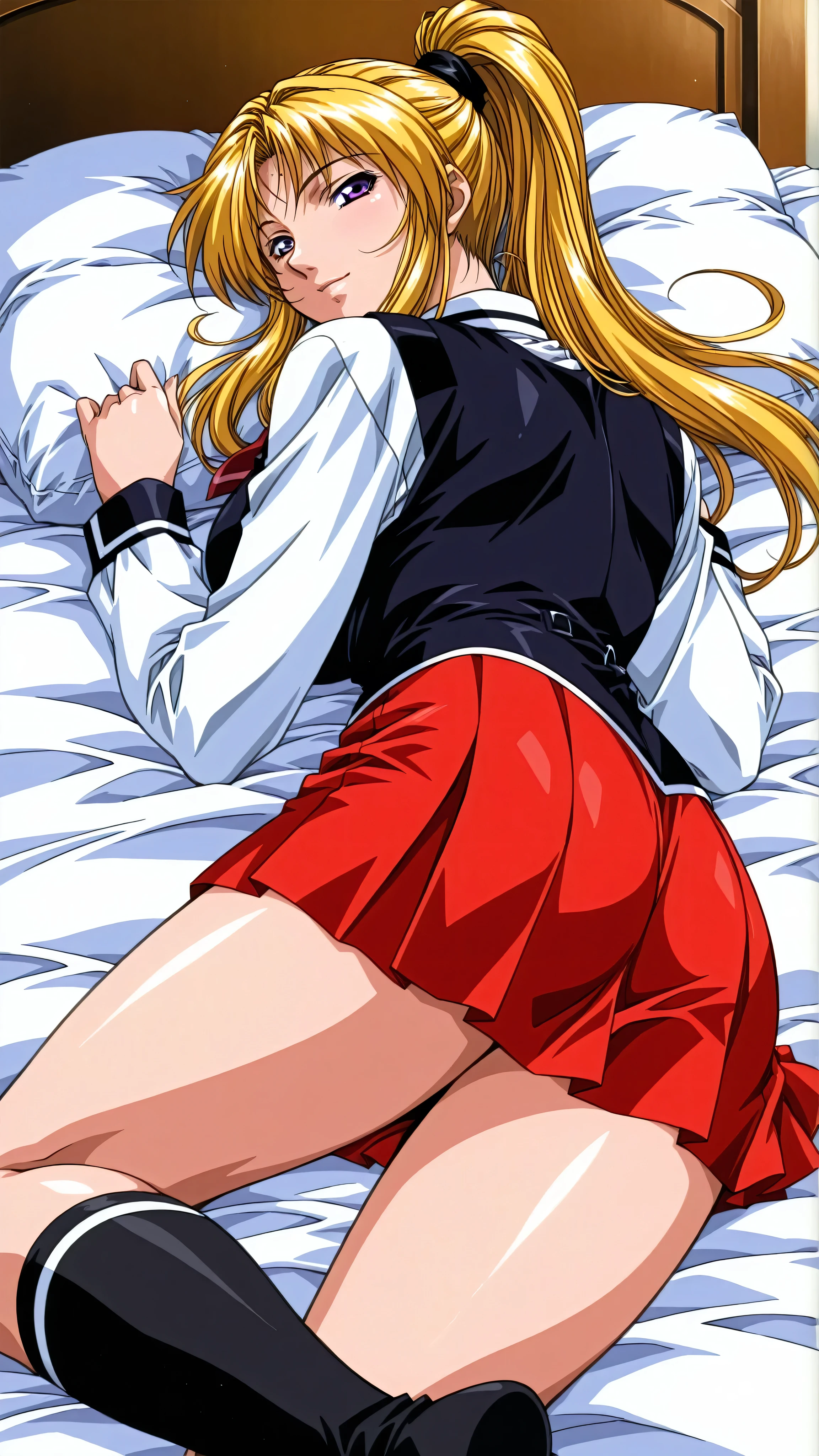 retro_artstyle,score_9, score_8_up, score_7_up, score_6_up, score_5_up, score_4_up, (masterpiece:1.3), best quality,source_anime,clip skip:2,light smile,(28 years old:1.4),(mature female:1.3),成熟した大人の女性, (vivid color:1.3),slender face,high school students,alone,saeki,1girl,blonde hair,ponytail,purple eyes, school uniform, white shirt, strap ,vest, red tie,long_ sleeve, red skirt ,(black thigh-length socks:1.2), cowboy shot,white line socks,bed,on stomach,tsurime,,large breasts,