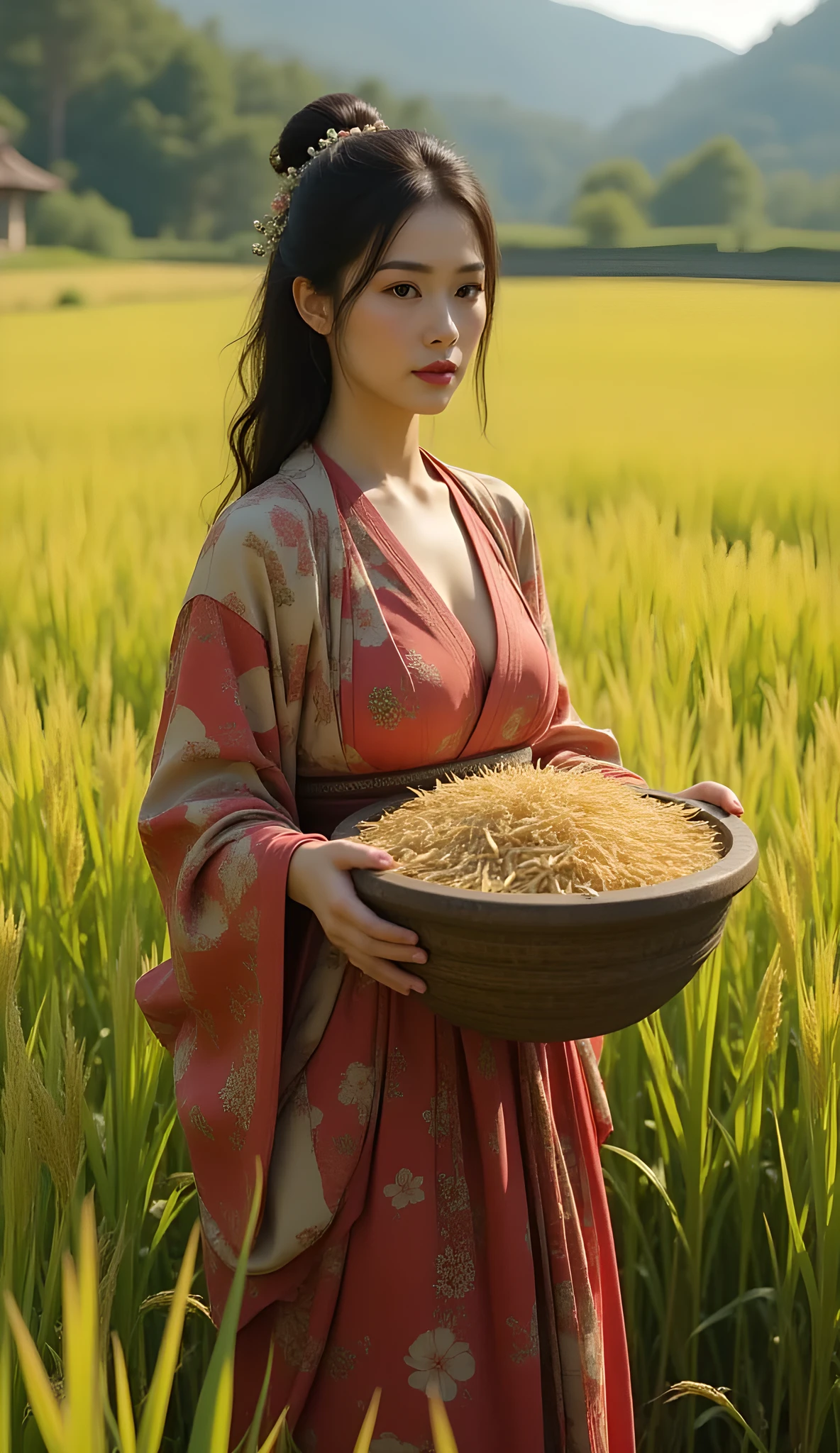 Primitive age era, (Stone primitive age era:1.6), ((Realistic cinematography ultra-wide depth intense details of realistically precise scenery of fertile and rich of Paddy Rice field)),orderly Paddy Rice field on the background,a detailed of Japanese female geisha,holding a big clay basket shape pot,filled with Rice,(pottery scenery),(),((vivacious)),wearing fully,long primitives tribal long kimono woven fabric dress,,,(perfectly depth symmetrically precise curvy busty full body form),(cinematic dynamically camera widely angle scenery:accurately depicted:1.3),the lively prehistoric cradle of history depicting scenery,midday,realistically full depth,(cinematography dynamic angle|hyperrealistic:realistic scenery:3d texture over the scenery),best videography angle,hdr,greeny vibes, (cinematography vibe),primitive fabric wardrobe,(dynamic image composition),(octane 3d rendering|50mm lens shot:1.3),(precise lifelike skin texture:lifelike hairs:realism),(best rule of third photography composition),(best image aperture),(full details depth of field),(best shutter speed),(RAW photo image),(photorealistic|photorealism:hyperrealism style),(realistic depth 3d:cgi:1.3),(trending on cgsociety:devianart:unreal engine 5),,(best photography:national Geographic style), stonePunkAi and bronzePunkAi artwork, digital art,best lighting concept,(realistic intricately fixed truly fully humian's anatomy body+hands+and+fingers anatomical),natural motion,inspired by farcry5 game artwork.
