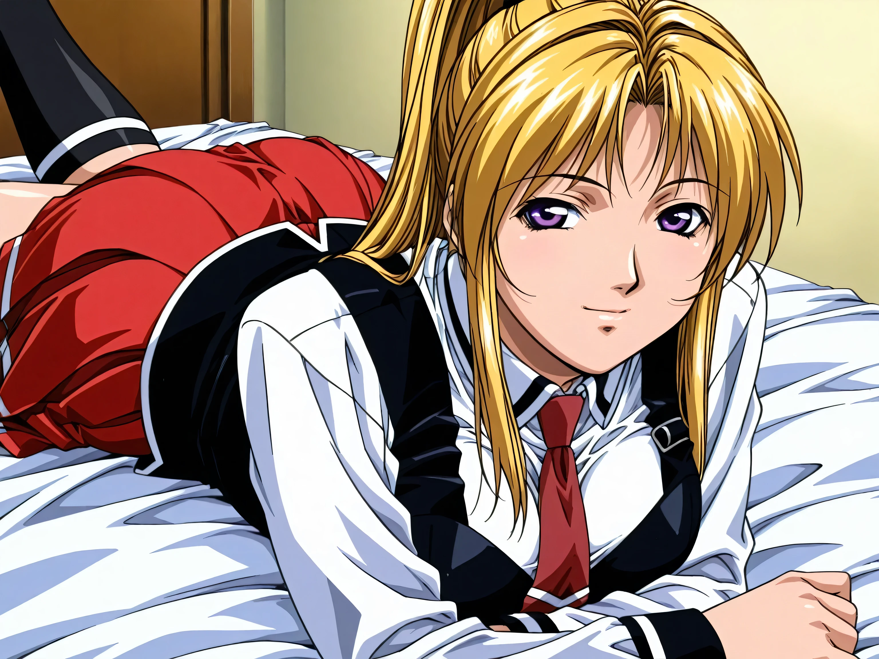 retro_artstyle,score_9, score_8_up, score_7_up, score_6_up, score_5_up, score_4_up, (masterpiece:1.3), best quality,source_anime,clip skip:2,light smile,(28 years old:1.4),(mature female:1.3),成熟した大人の女性, (vivid color:1.3),slender face,high school students,alone,saeki,1girl,blonde hair,ponytail,purple eyes, school uniform, white shirt, strap ,vest, red tie,long_ sleeve, red skirt ,(black thigh-length socks:1.2), cowboy shot,white line socks,bed,on stomach,tsurime,,large breasts,