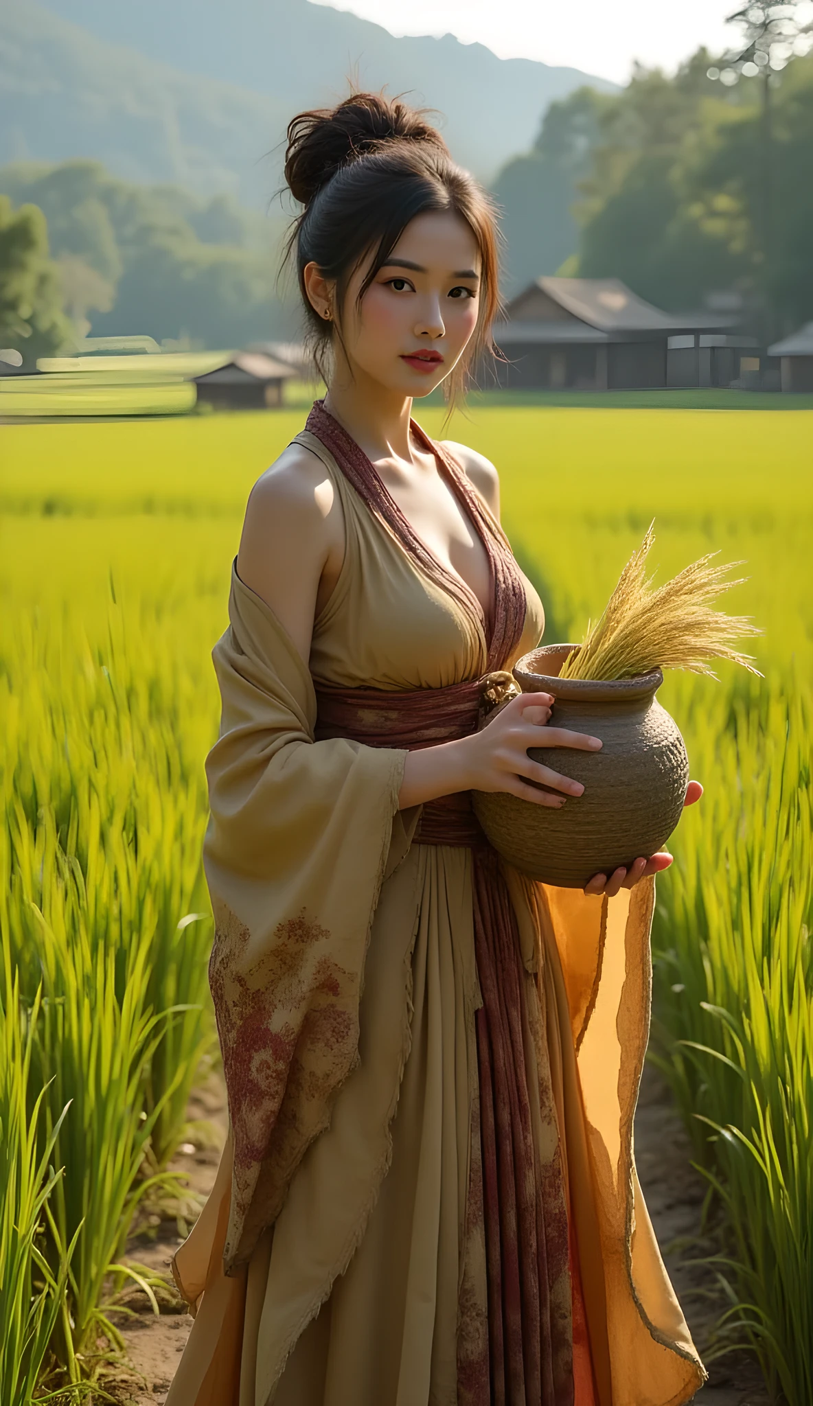 Primitive age era, (Stone primitive age era:1.6), ((Realistic cinematography ultra-wide depth intense details of realistically precise scenery of fertile and rich of Paddy Rice field)),orderly Paddy Rice field on the background,a detailed of Japanese female geisha,holding a big clay basket shape pot,filled with Rice,(pottery scenery),(),((vivacious)),wearing fully,long primitives tribal long kimono woven fabric dress,,,(perfectly depth symmetrically precise curvy busty full body form),(cinematic dynamically camera widely angle scenery:accurately depicted:1.3),the lively prehistoric cradle of history depicting scenery,midday,realistically full depth,(cinematography dynamic angle|hyperrealistic:realistic scenery:3d texture over the scenery),best videography angle,hdr,greeny vibes, (cinematography vibe),primitive fabric wardrobe,(dynamic image composition),(octane 3d rendering|50mm lens shot:1.3),(precise lifelike skin texture:lifelike hairs:realism),(best rule of third photography composition),(best image aperture),(full details depth of field),(best shutter speed),(RAW photo image),(photorealistic|photorealism:hyperrealism style),(realistic depth 3d:cgi:1.3),(trending on cgsociety:devianart:unreal engine 5),,(best photography:national Geographic style), stonePunkAi and bronzePunkAi artwork, digital art,best lighting concept,(realistic intricately fixed truly fully humian's anatomy body+hands+and+fingers anatomical),natural motion,inspired by farcry5 game artwork.