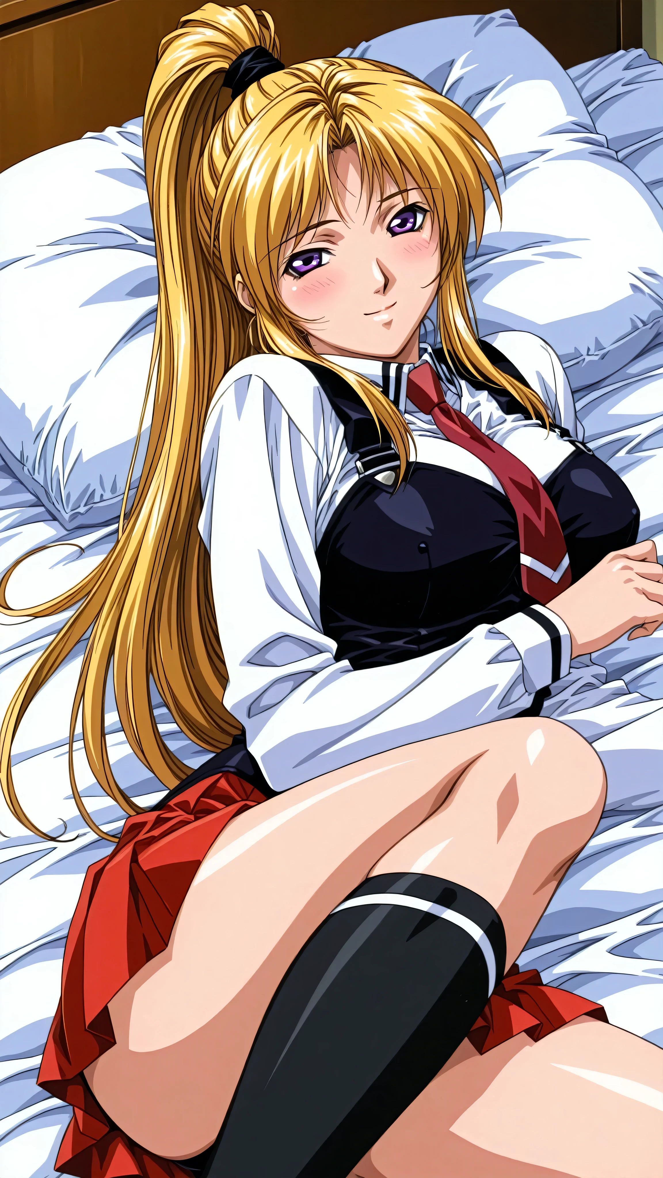 retro_artstyle,score_9, score_8_up, score_7_up, score_6_up, score_5_up, score_4_up, (masterpiece:1.3), best quality,source_anime,clip skip:2,light smile,(28 years old:1.4),(mature female:1.3),成熟した大人の女性, (vivid color:1.3),slender face,high school students,alone,saeki,1girl,blonde hair,ponytail,purple eyes, school uniform, white shirt, strap ,vest, red tie,long_ sleeve, red skirt ,(black thigh-length socks:1.2), cowboy shot,white line socks,bed,on stomach,tsurime,,large breasts,embarrassed,blush,