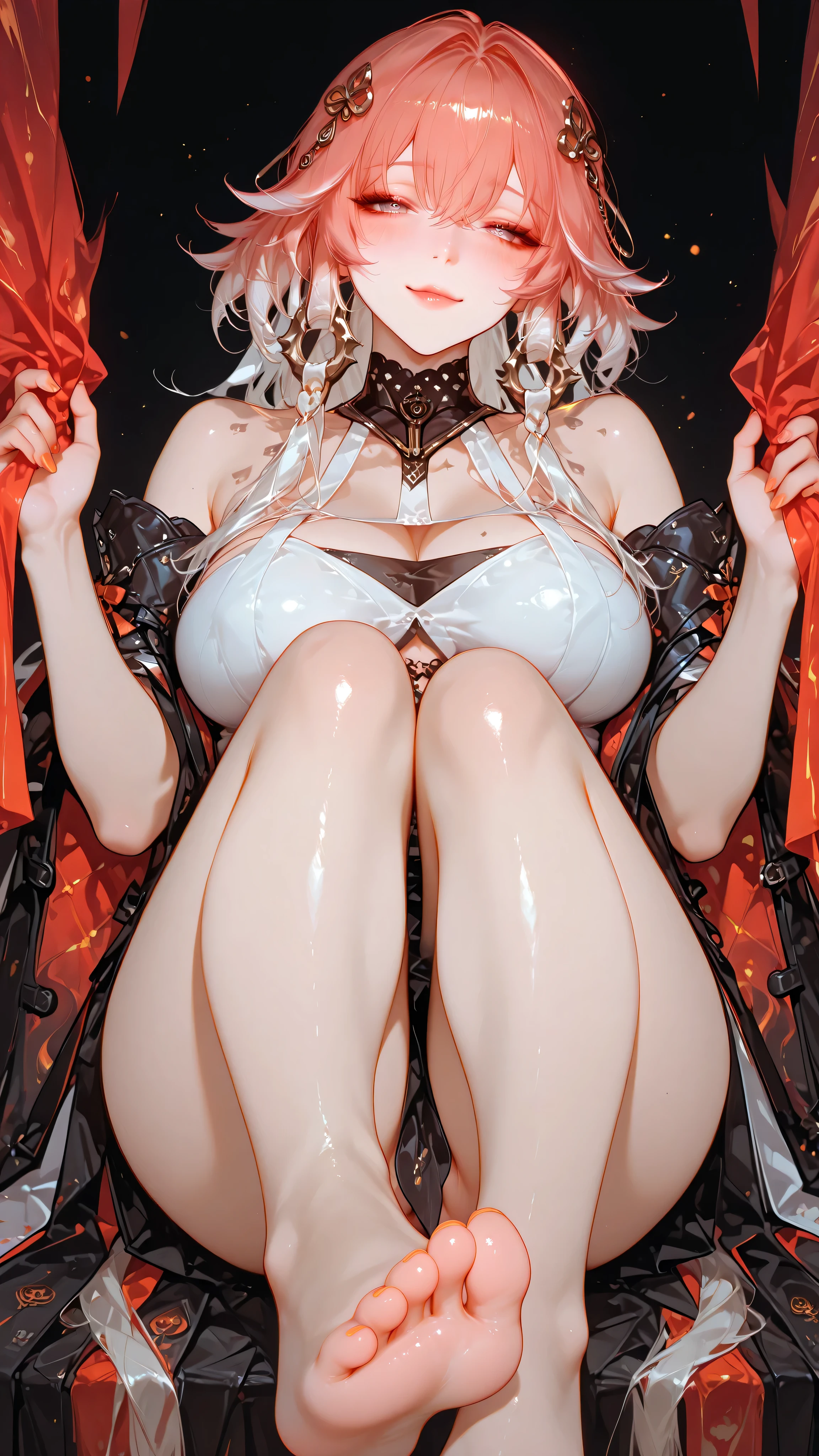 Changli, wuthering waves, glow, foreshortening  feet, dynamic pose, blush, cheerful, adult, mature, big , high detailed, accurate, authentic, w-shaped sit, bottom less, no panties ,  foot,  one hand holding up the fabrics, allure