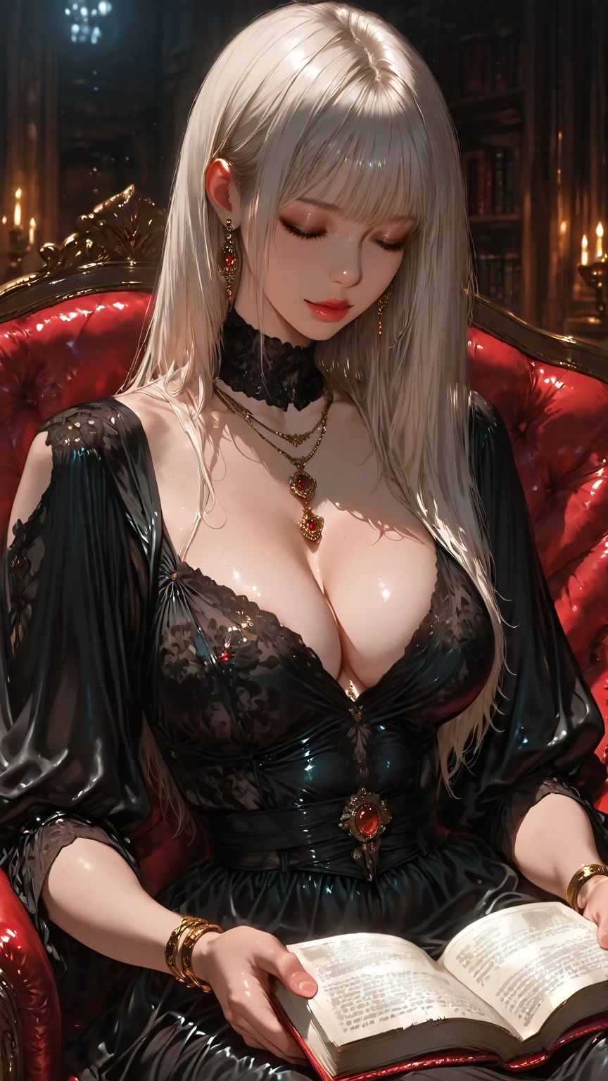 (1 girl 1.3) (extremely detailed 1.3) (anatomically correct, High precision, realistic skin, realistic Fingers, ) (RAW photo, Super detailed, advanced details, intricate details,), (Lighting: Face lighting, Ray tracing, reflective light, Structurally correct) (sitting on an ornate chair   inside a Gothic house, candlelight lights the room)) (Subject: beautiful Asian woman with White hair in curls and coils)     (wearing a  White corset, white panties, neck wrists and fingers, ((beautiful big blue eyes looking up at the viewer, black shiny lipstick, perfect Asian goth cyber makeup)) 