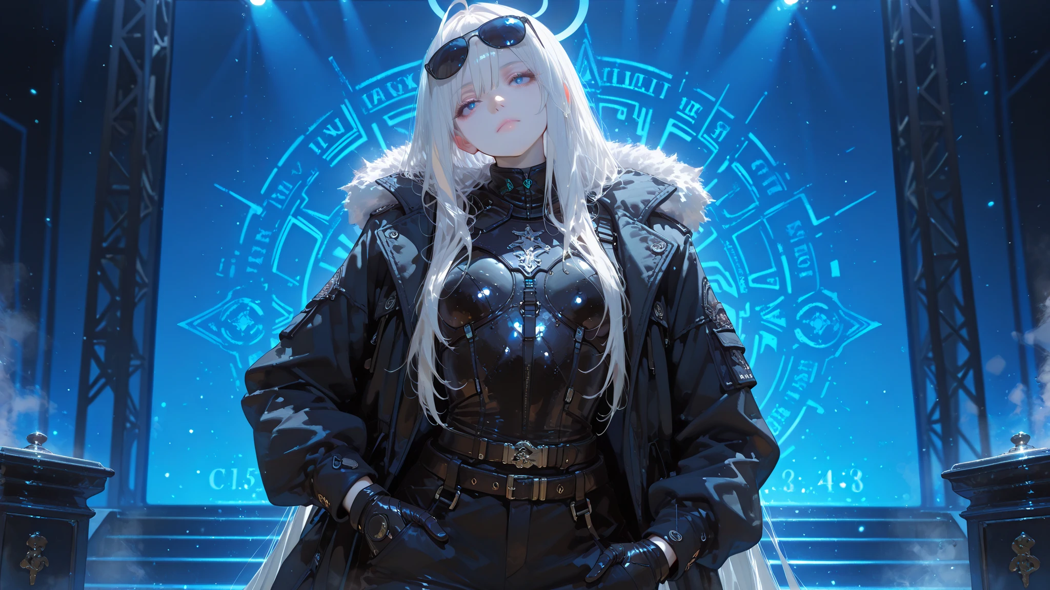 finely detail, Depth of field,masterpiece,extremely detailed CG unity 8k wallpaper,best quality, high resolution illustration,Amazing,highres,intricate detail,best illumination, best shadow, an extremely delicate and beautiful,\n\n 1girl, solo, dynamic pose, white hair, absurdly long hair, black suit, long white coat, black pants, ahoge, (sunglasses:1.2), closed mouth, flat chest, cold attitude, pale skin, head tilt, tactical gloves, hand in pocket, belts, futuristic, bodysuit, armored, fur-trimmed, glow, \n light particles, dust particles, podium, stage, reflectors, blue theme,    
