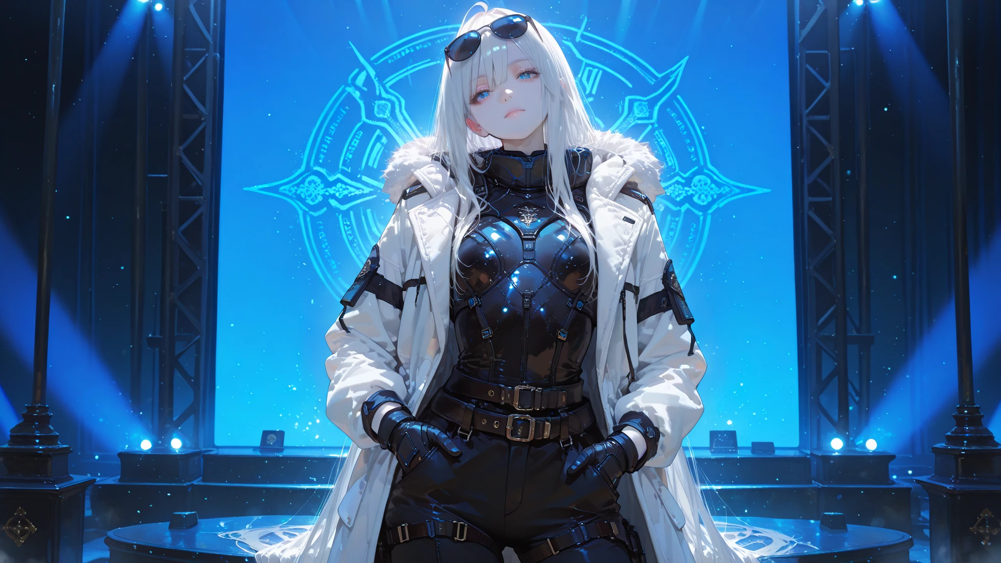 finely detail, Depth of field,masterpiece,extremely detailed CG unity 8k wallpaper,best quality, high resolution illustration,Amazing,highres,intricate detail,best illumination, best shadow, an extremely delicate and beautiful,\n\n 1girl, solo, dynamic pose, white hair, absurdly long hair, black suit, long white coat, black pants, ahoge, (sunglasses:1.2), closed mouth, flat chest, cold attitude, pale skin, head tilt, tactical gloves, hand in pocket, belts, futuristic, bodysuit, armored, fur-trimmed, glow, \n light particles, dust particles, podium, stage, reflectors, blue theme,