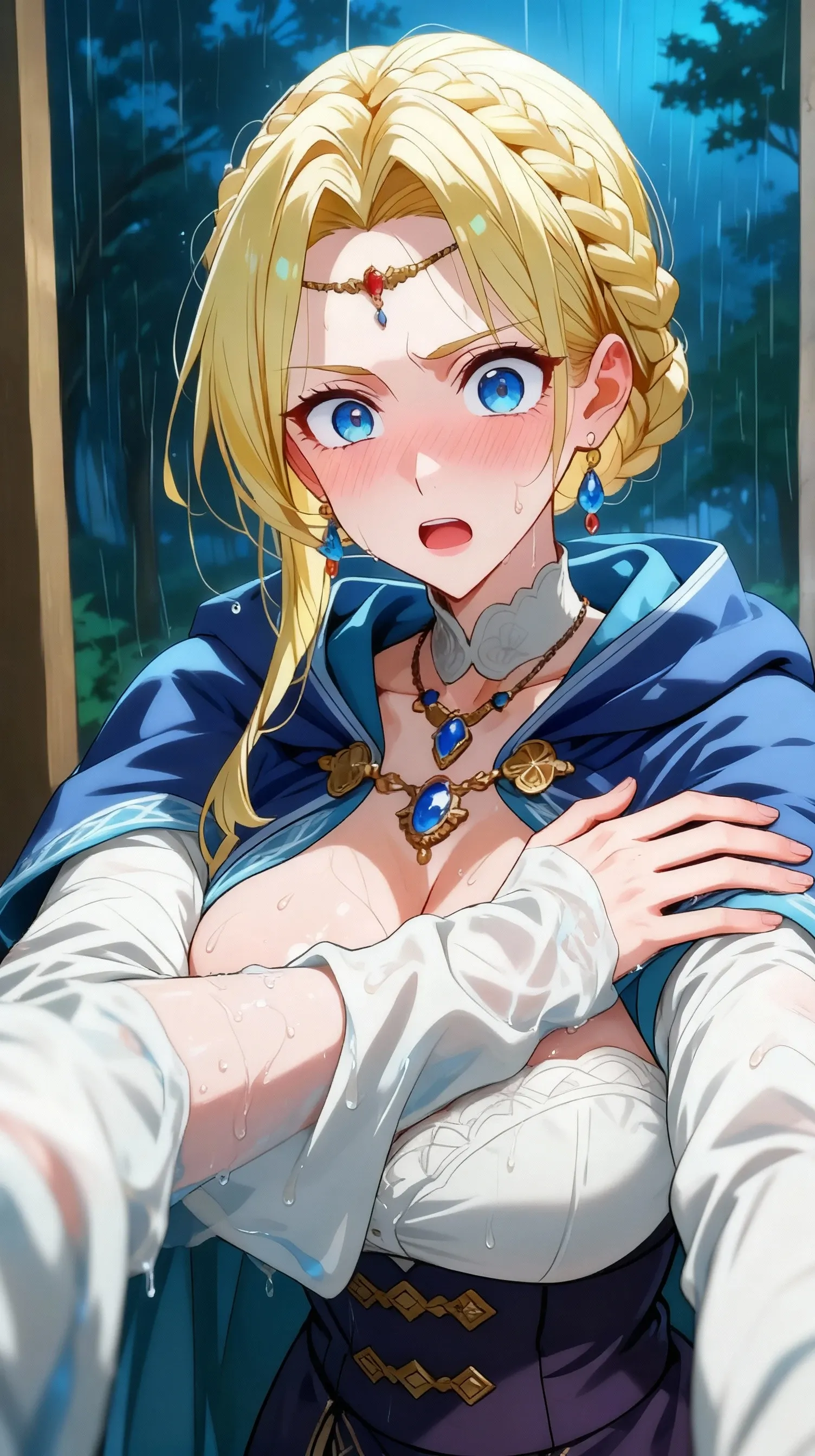 masterpiece, best quality, newest, absurdres, highres, thunder, dark, outdoors, night, 1girl, solo, gow_sif, blue eyes, single braid, very long hair, blonde hair, hair over shoulder, arm tattoo, neck tattoo, hair ornament,  shoulders, strapless, collarbone, blue dress, long dress, gold trim, belt around waist, brown belt, looking at viewer, cheek squash, pov hands, blush, angry, clenched teeth  <lora:gow_sif_Illustrious-000007:1>