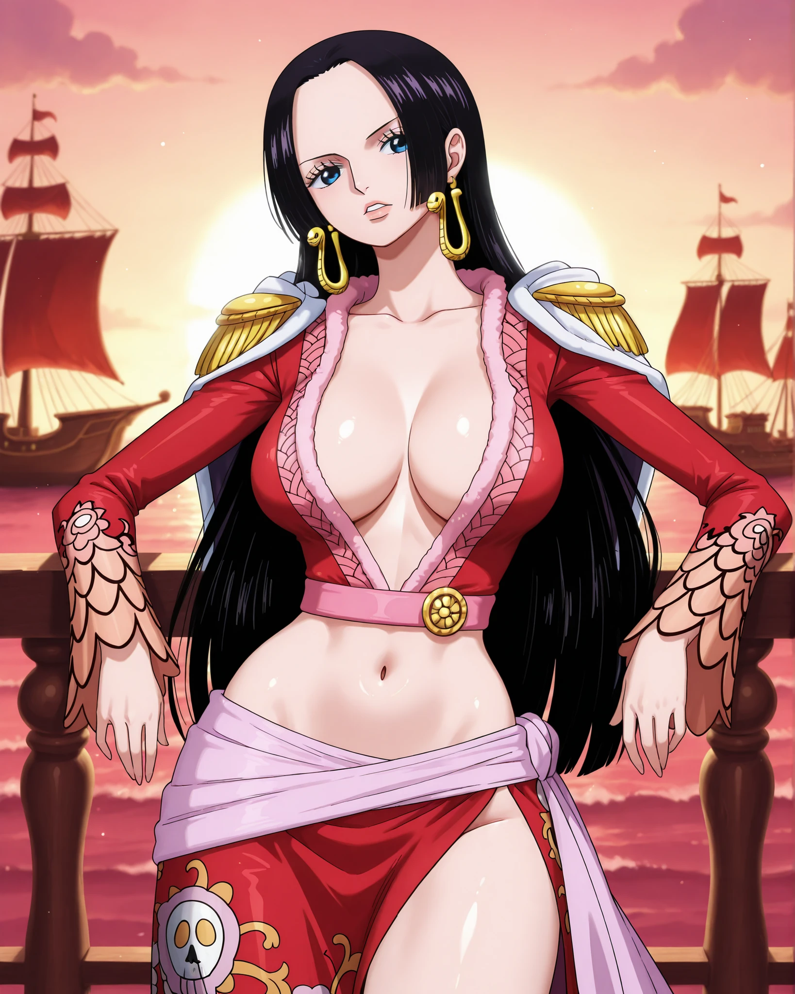 Boa hancock from the anime one peice, wearing a red 2 piece beach wear outfit, on a pirate ship, leaning on the ships guard rail, slim thick body type, busty.