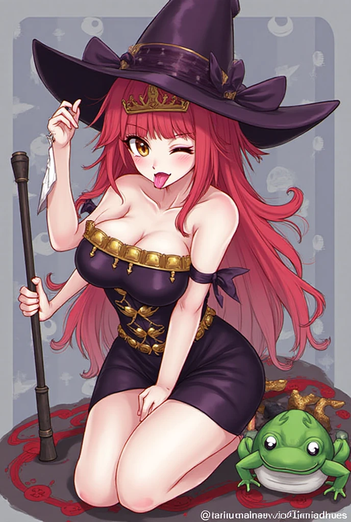 masterpiece, best quality, solo, 1girl, m11a, monster girl, lamia, scales, smile, looking at viewer, holding ladle, index finger raised, pointing up, red hair, hair between eyes, hairclip, black headwear, witch hat, pointy ears, yellow eyes, slit pupils, one eye closed, black dress, center opening, plunging neckline, long sleeves, wide sleeves, navel, cleavage, , cauldron
<segment:yolo-Anzhc Face seg 640 v2 y8n.pt,0.4,0.5//cid=1>