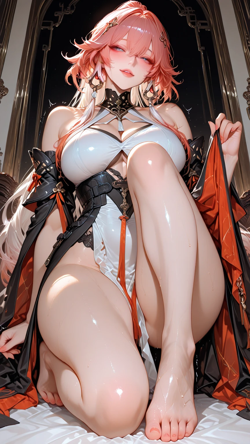Physical appearance:
  body: slim and curvy figure, emphasizing her femininity. narrow waist and pronounced .
  fur: light and uniform tone, almost pale, contrasting with her dark outfit.
  horns: two red horns curving upward from his forehead, with a soft and shiny texture.
  Eyes: Large and almond-shaped, of an intense and bright red, that transmit a  and dangerous look.
  cola: long and pointed, red like their horns, that moves gracefully behind her.
  Hair: long and straight, of a golden blonde that cascades down her back and frames her face.
  Facial expression: red lips slightly curved in an enigmatic smile, arched eyebrows and a confident and challenging look.
Attire:
  dress: fitted black qipao, with a plunging neckline and a high leg slit. Pink and blue details on the collar, sleeves and hem.
  gloves: long and black, that reach up to the elbows, made of a soft and shiny material.
  Boots: high heel and platform, black with gold details on the heel and toe.
  accessories: gold belt with a skull-shaped buckle, gold dagger-shaped earrings and a gold necklace with a heart-shaped pendant.
Around:
  landscape: rocky and arid, with steep mountains and a cloudy sky in the background.
  lightning: golden light of the setting sun, creating a dramatic contrast with the shadows.
Environment:
  Atmosphere:mysterious and , with a feeling of latent danger.
  Emotion: confidence and power, with a touch of arrogance.
General impression:
A beautiful and dangerous demonic figure, that emanates an aura of power and mystery.
