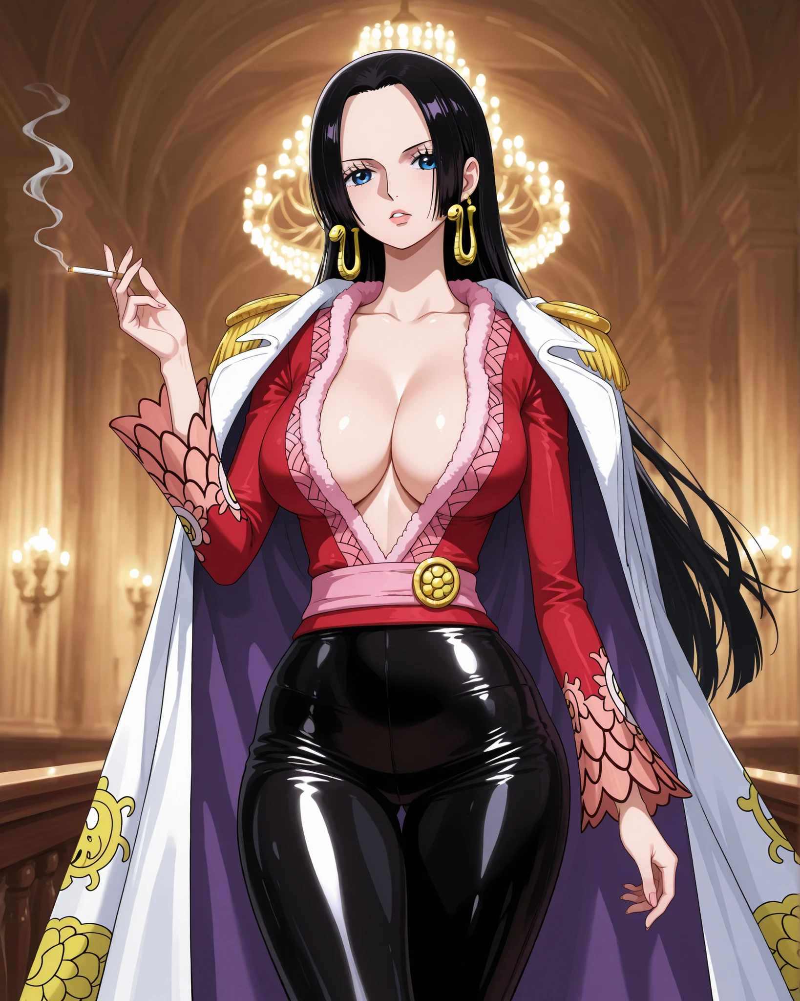 Boa hancock from the anime one peice, wearing a fashionable opened over coat, cleavage showing, long black tight leather pants, in paris, smoking a cigarette, slim thick body type, busty.