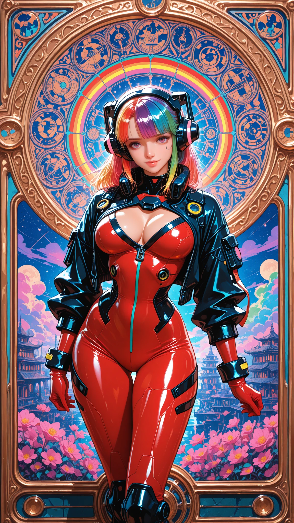 mirrored outfit <lora:burner_style_v1:0.8> burner_style, bodysuit, jumpsuit, headdress,