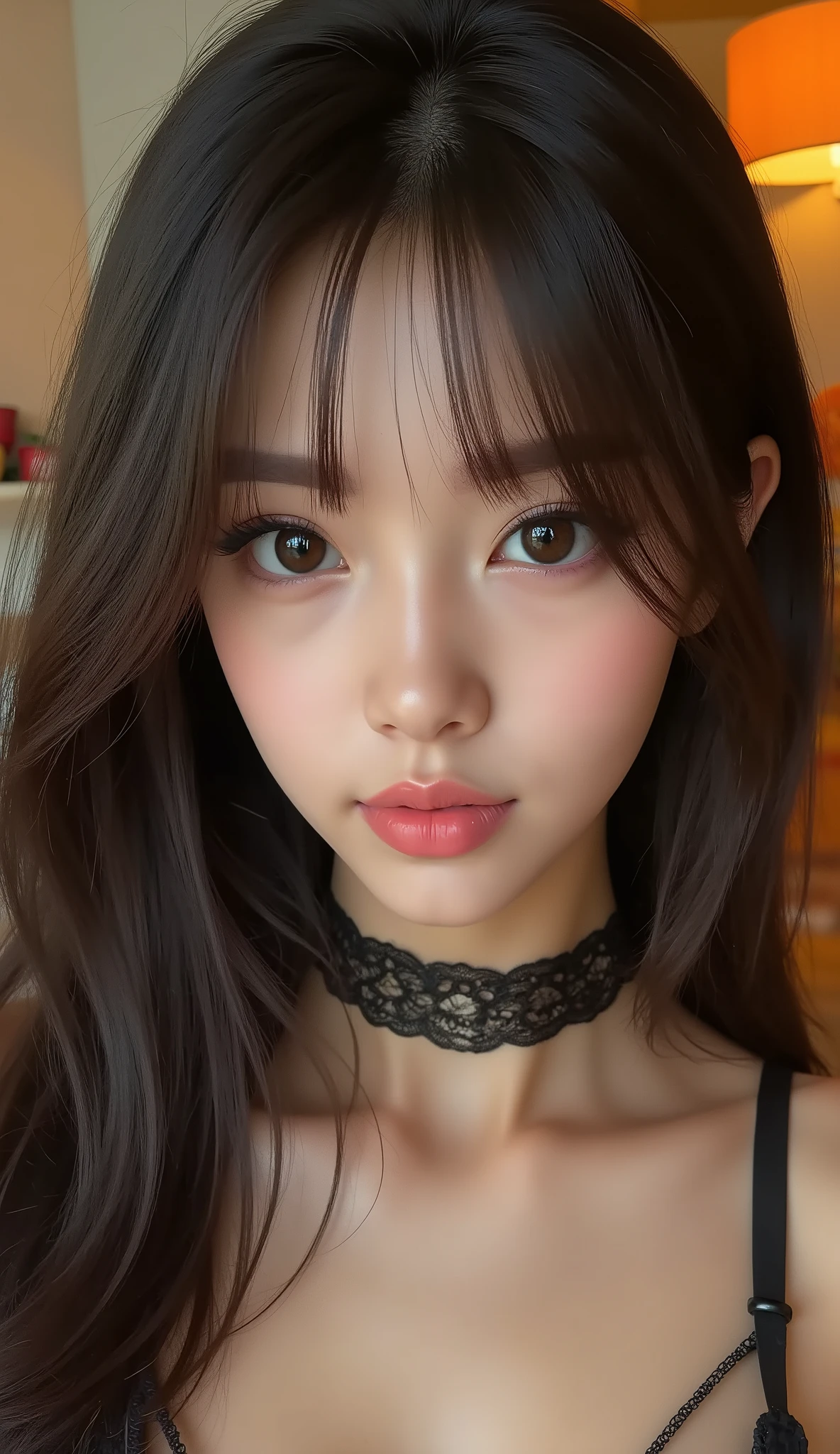  Ultra-realistic (photorealistic Realism), "highest quality, intricate, ultra-detailed digital art, (ultra detailed, UHD:1.2)" - "(ultra realistic texture details: velvety skin, hair)" (Key Directive: - "The priority is the anatomical accuracy and texture of the materials" - "Ultra-sharp human eyes with biological accuracy") {Character: - "((full body shot:1.4))" - "(dark hair (medium-long hair:1.22), intricately detailed:1.4)" [beautiful girl , perfect female skinny body], (perfect hot model body) , [(firm and full breasts:1.3)]" | Face: "full lips, pink lipstick, intense gaze" | wearing makeup: - "(professional pink makeup:1.3),(Thin eyebrows),Carefully draw Long eyelashes:1.2,(perfect purple eyeshadows:1.3),detailed lips:1.3" | Eyes: "(acid-resistant terminology) (macro-details:1 . 55): * Moist corneal surface (visible aqueous layer:1 . 2) * Hyper-detailed iris stroma ((brown) with gold flecks) * Precise limbal ring (slightly darker pigmentation:1 . 2) * Pupil micro-texture (irregular edge authenticity:0 . 9) * Vasculature in sclera (subtle red veins radiating from limbus)" - "Lashes: blue individual synthetic fibers (crosshatched roots:1 . 2 , clump-free separation)" Technical Specs: (Optics: - "Zeiss Otus85mm f/1 . 4 lens (eye refraction calculations:1 . 3)" - "Shutter Speed:1/500 (freeze eye micro-movements)" - "Focus Stacking:7-point coverage on iris plane"), [[Top: (complicated design and multi-layered pattern, embroidered lace tanktop: 1.4)]], [[red, black mini skirt:1.33 (embroidered lace, complicated design and multi-layered pattern, erotic, beautiful, phenomenal style)]], [[lace stockings with garters, string trim:1.3]]. ((green and orange background)), 