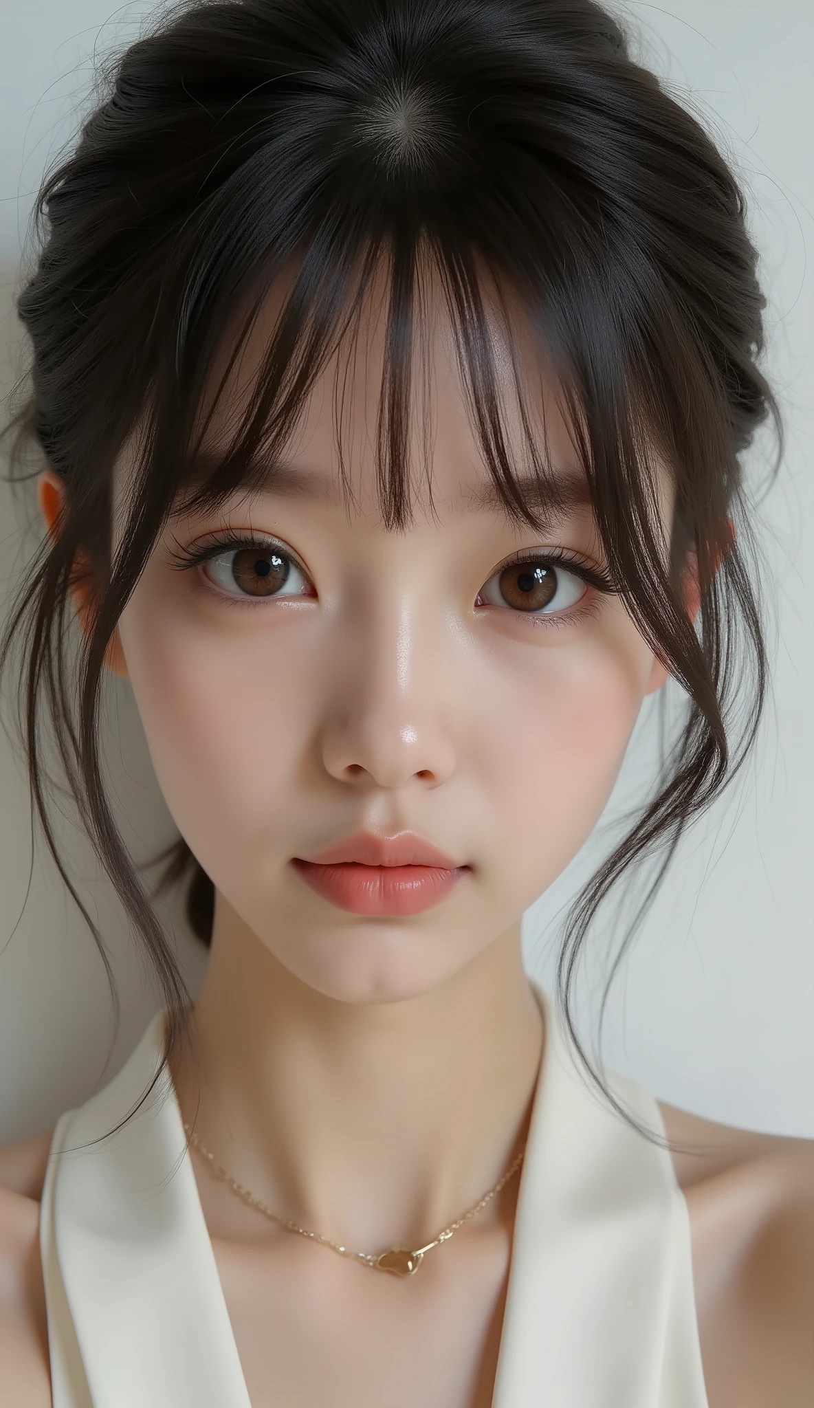  Ultra-realistic (photorealistic Realism), (ultra realistic texture details: velvety skin, hair), dark hair (short hair)(slicked to one side), Intricately detailed),(Key Directive: - ("The priority is the anatomical accuracy and texture of the materials" - "Ultra-sharp human eyes with biological accuracy"). { "Eyes: (acid-resistant terminology) (macro-details): * Moist corneal surface (visible aqueous layer:1 . 2) * Hyper-detailed iris stroma ((no blurr eyes, high resolution, absurd quality, Realistic brown eyes:1.33) intricately details:1.3) "Lashes: blue individual synthetic fibers (crosshatched roots:1 . 2 , clump-free separation)" slender female body, (Beautiful long legs in good style:1.33),[Dress up a Modern Young Japanese Woman in a sophisticated outfit [(Japanese Youth Fashion Style)] Random colors, accessories]. "angelic cute face, perfect beauty, long eyelashes, oiled skin. no blur sharp focus on all body" 