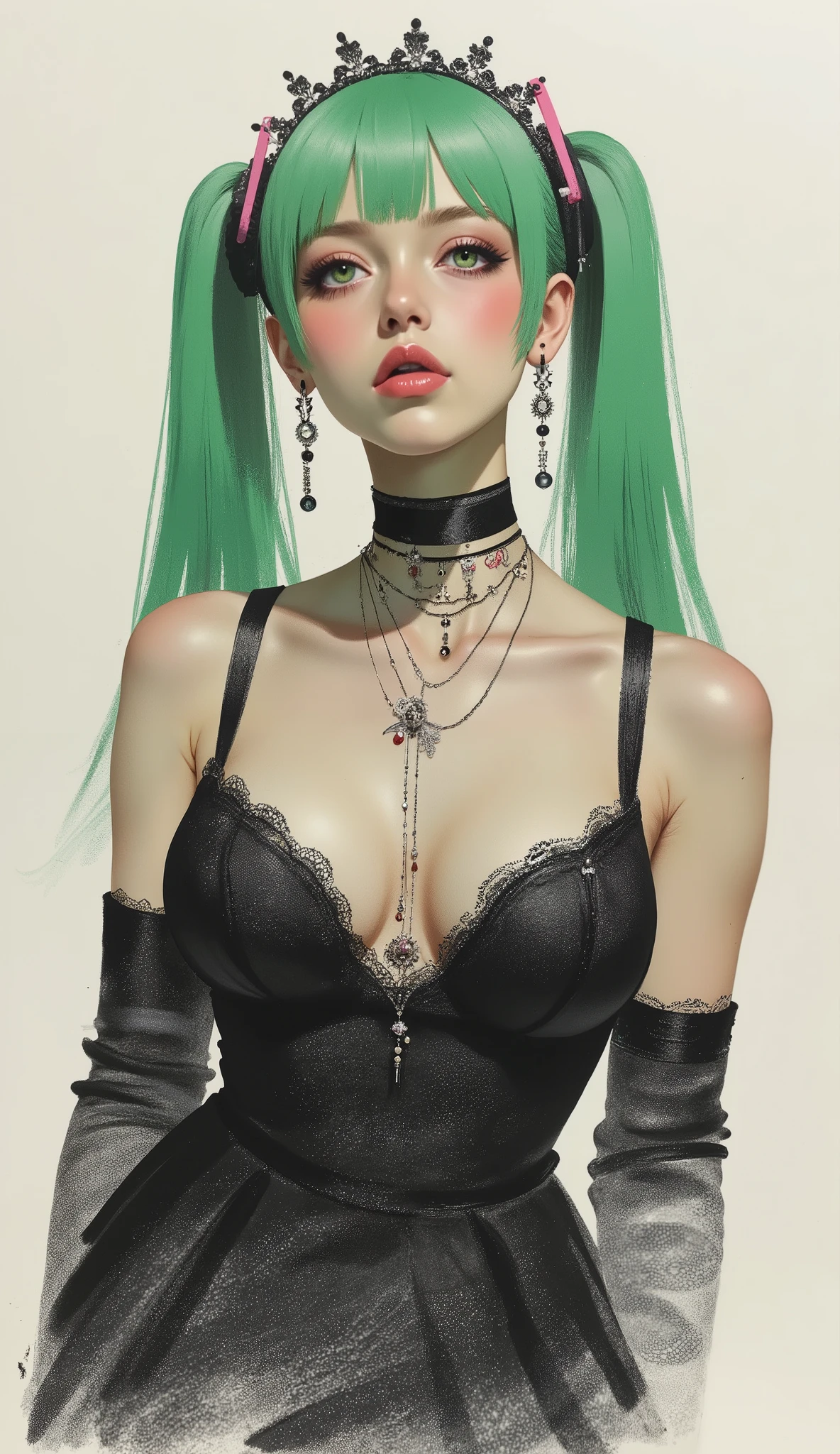 profile、close-up of a woman singing with a retro microphone in her hand 、upper body,Hatsune Miku、light pink lips、Lace black sleeveless dress、Transparent chest、Very Big Breasts、twin tail、 green hair、tiara、Diva、poster art ,screen print poster, Graphic Novel Cover Art, graphic details ,Advertisement Art,Poster Illustration, Illustrated poster, By Jens Sondergaard ,fashion illustration on watercolor white paper background,promotional poster by Yanagawa Nobumasa,comic book cover ,Emil Lindenfeld Falling to the Ground Fashion Illustration,Center Line,dynamic composition、Dynamic、