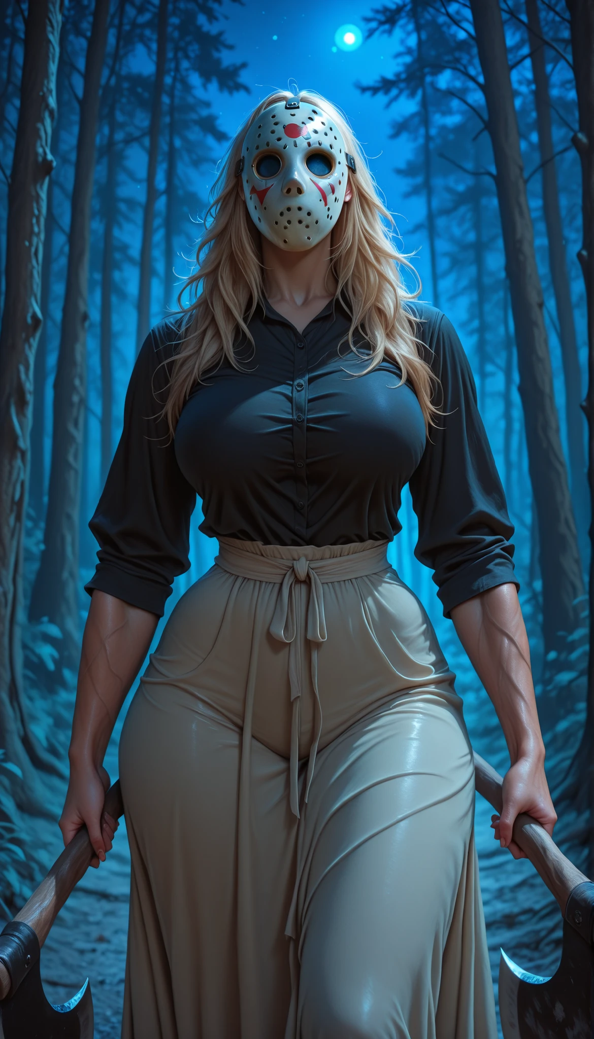 1female,solo,Jason Voorhees,long hair,hockey mask,black shirt,long skirt, , thick muscular thighs, wide curvy , voluptuous body, huge axe in hand, forest,night, realistic, hyperrealstic details, 8k, masterpiece,